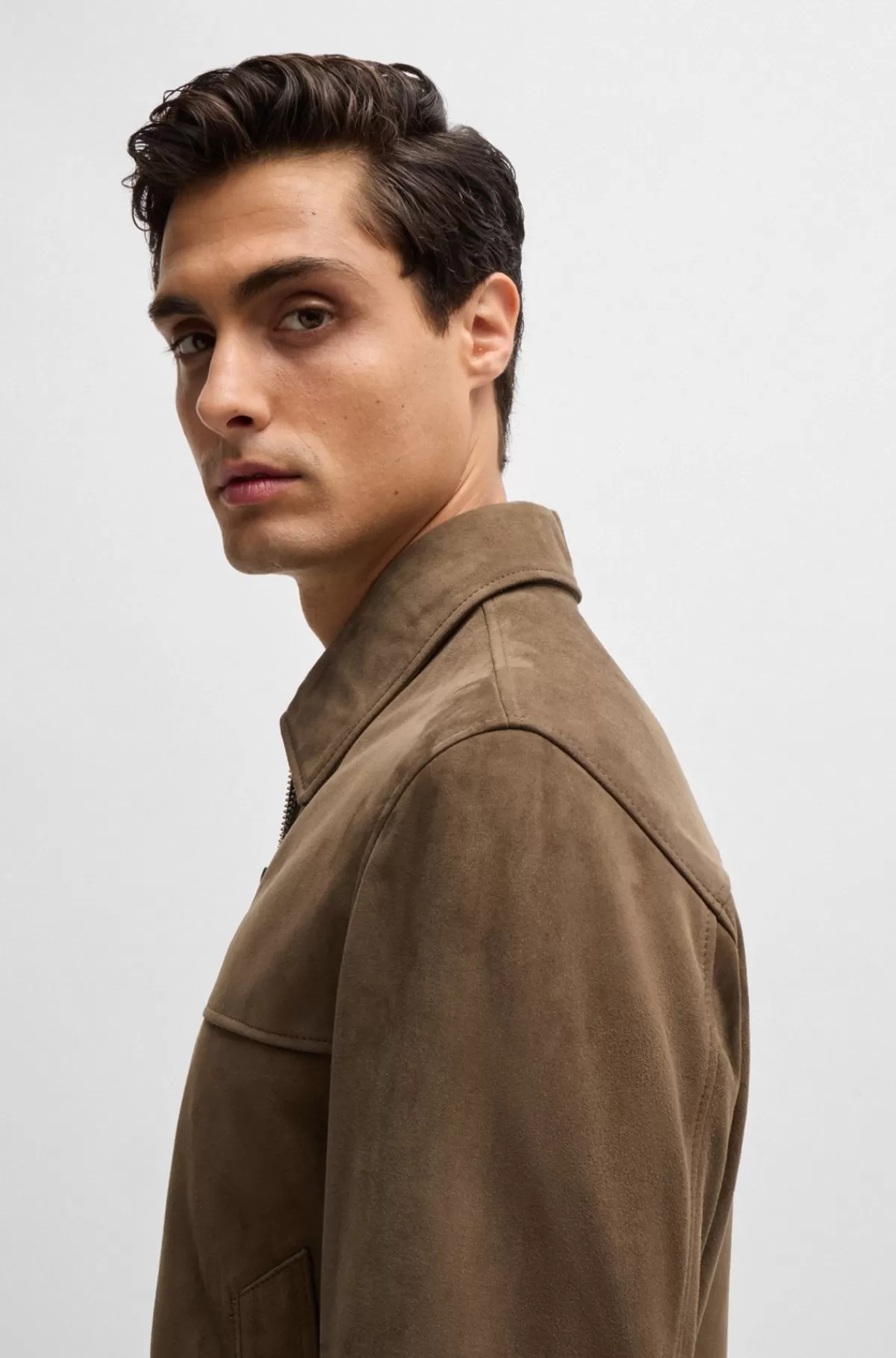 HUGO BOSS Jakke Med Regular Fit I Blødt Ruskind Med Lynlås Foran Brun Flash Sale