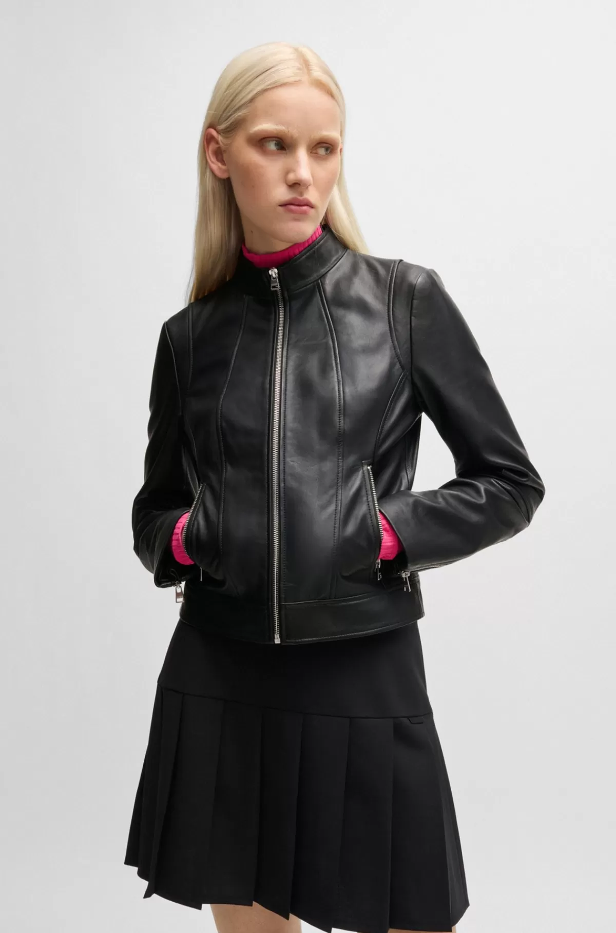 HUGO BOSS Jakke Med Regular Fit I Læder Med Tovejs Lynlås Sort Store