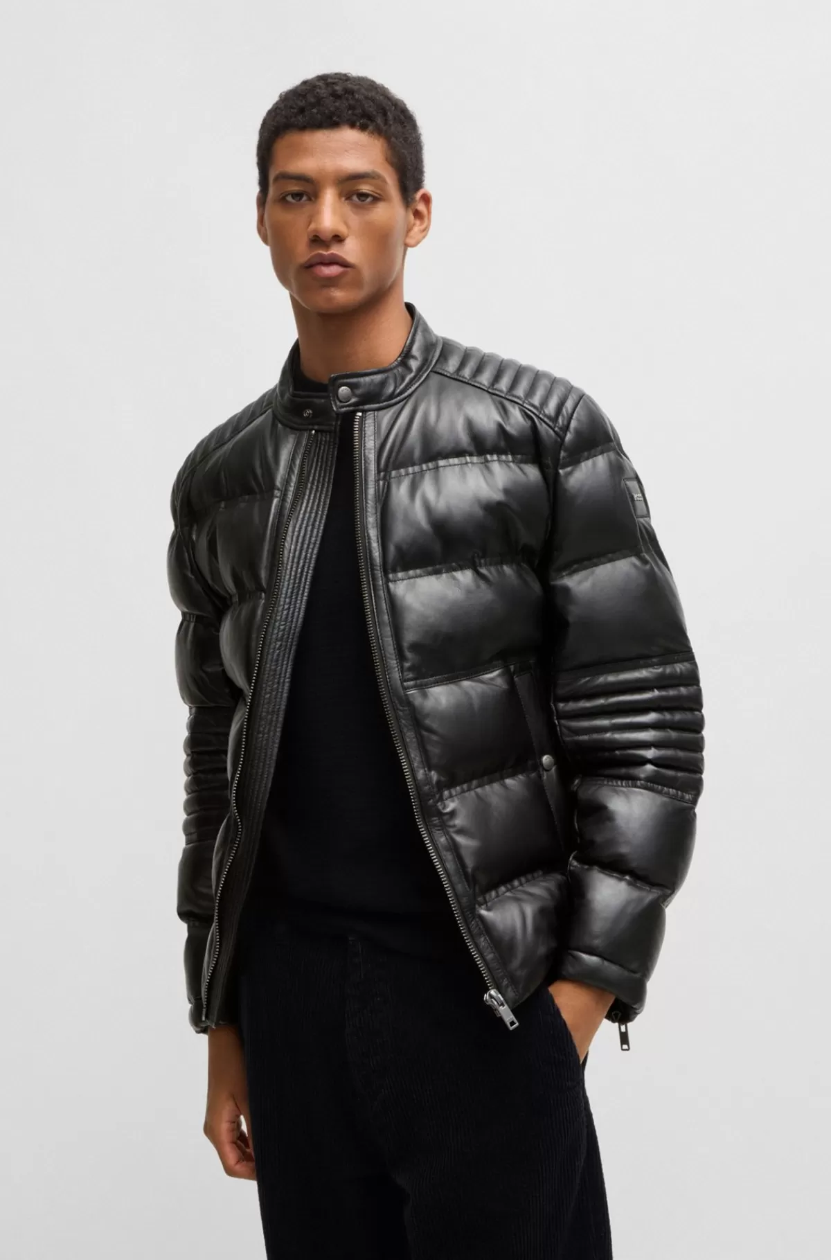 HUGO BOSS Jakke Med Regular Fit I Nappalæder Med Forskellig Quiltning Sort Cheap