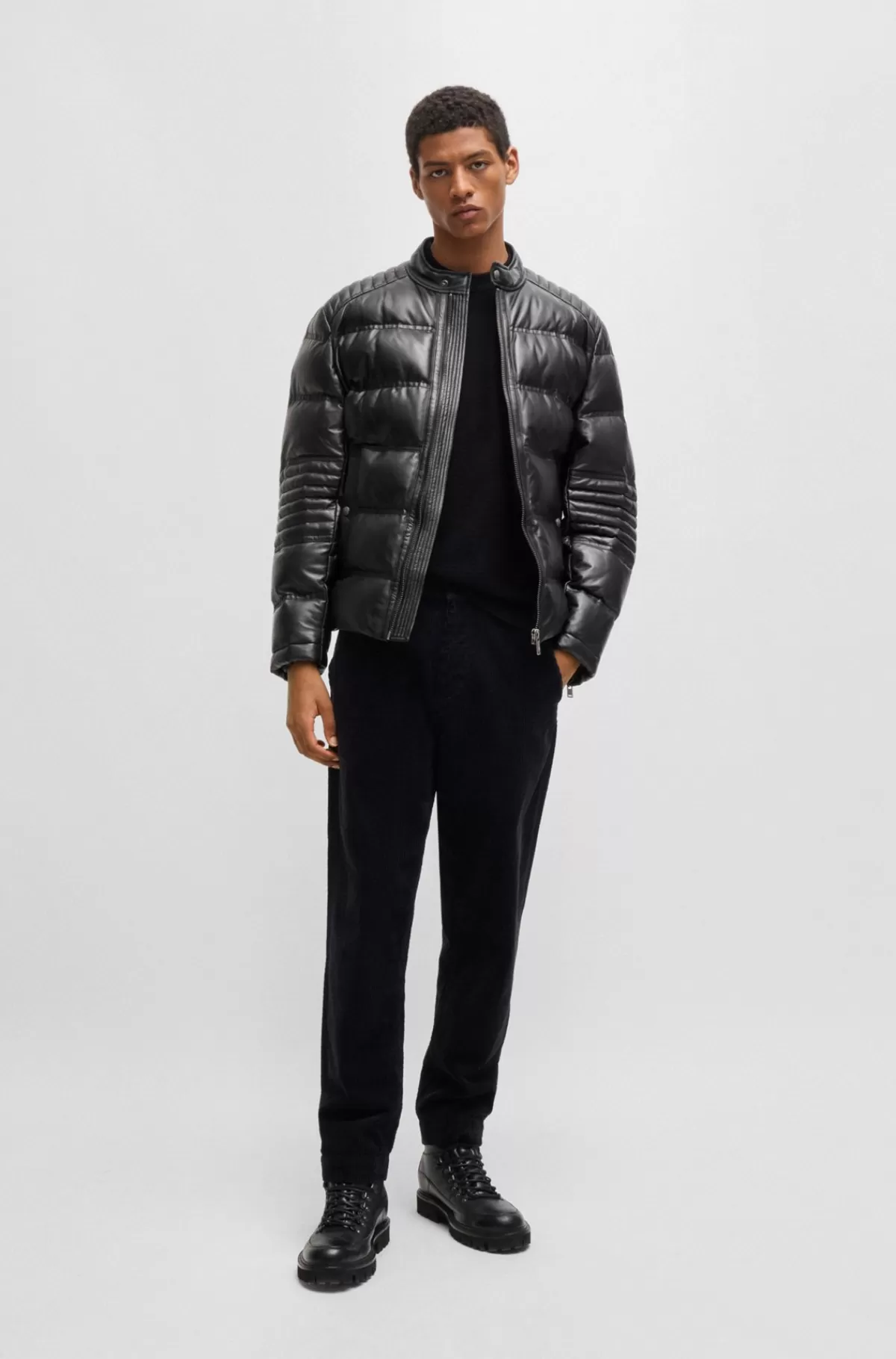 HUGO BOSS Jakke Med Regular Fit I Nappalæder Med Forskellig Quiltning Sort Cheap