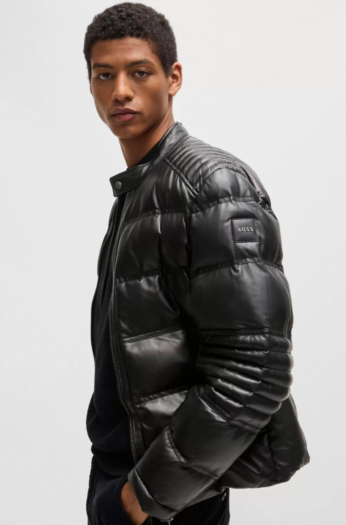 HUGO BOSS Jakke Med Regular Fit I Nappalæder Med Forskellig Quiltning Sort Cheap