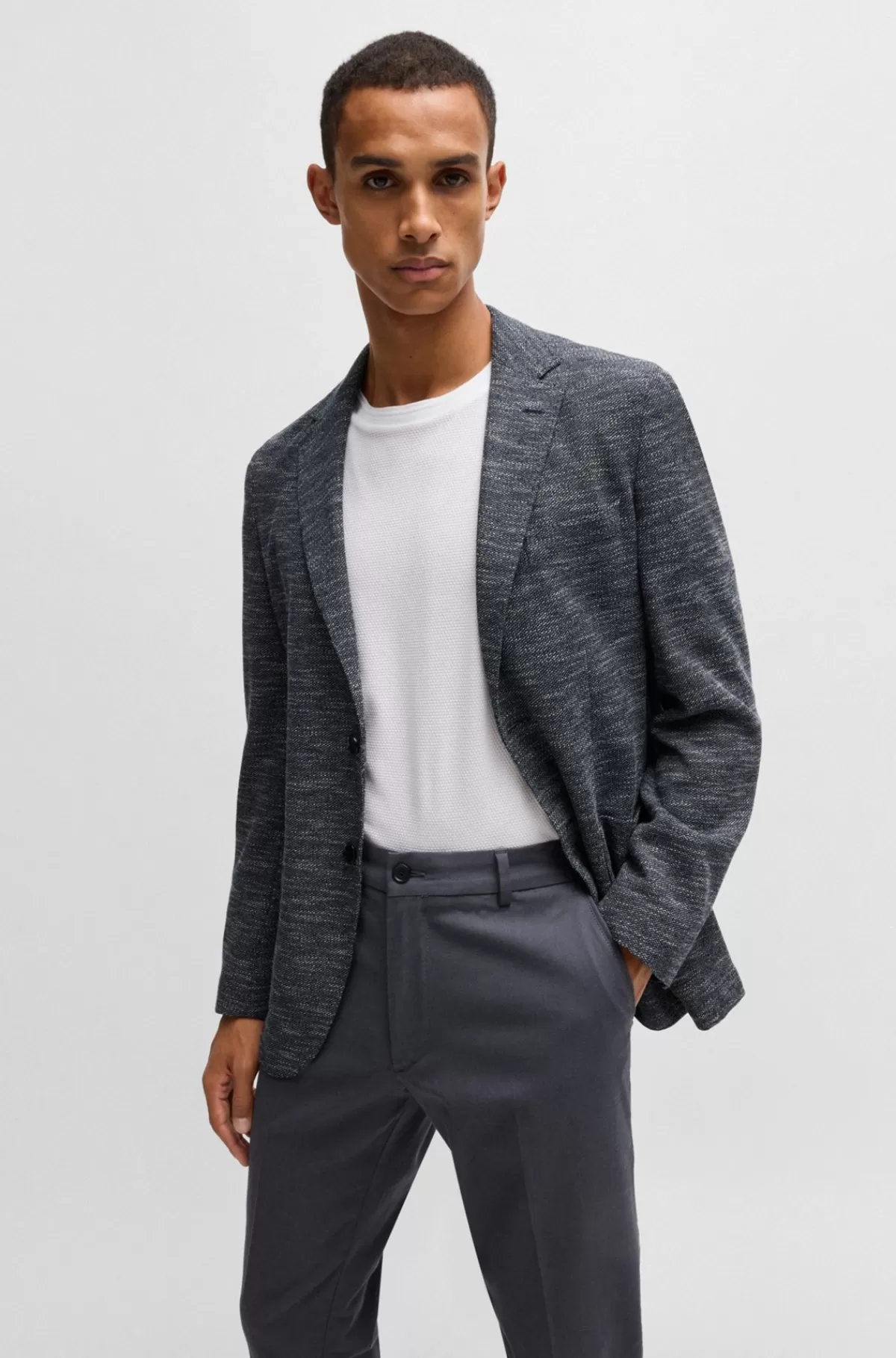 HUGO BOSS Jakke Med Regular Fit I Stof Med Stræk Og Mikromønster Mørkeblå Store