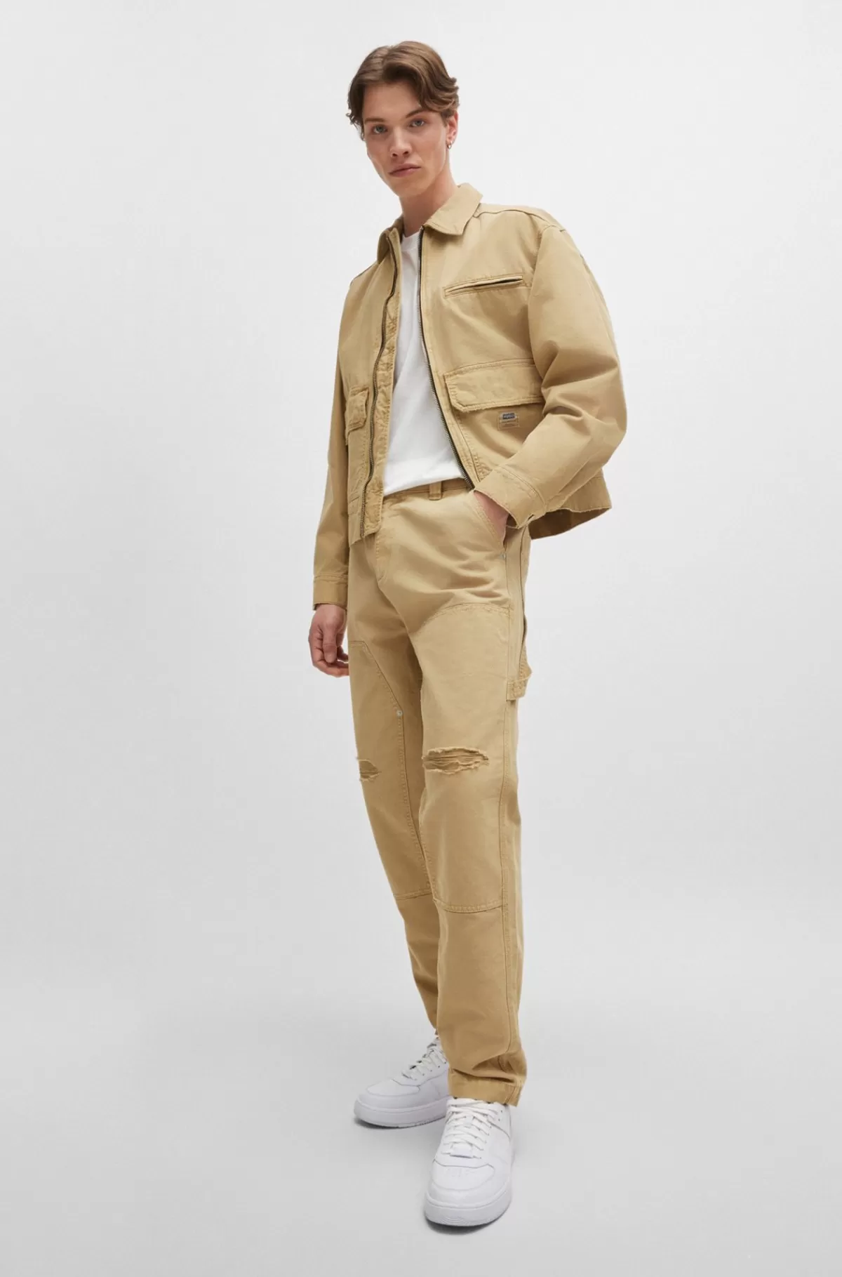 HUGO BOSS Jakke Med Regular Fit Og Logomærkat I Bomuldskanvas Beige Flash Sale