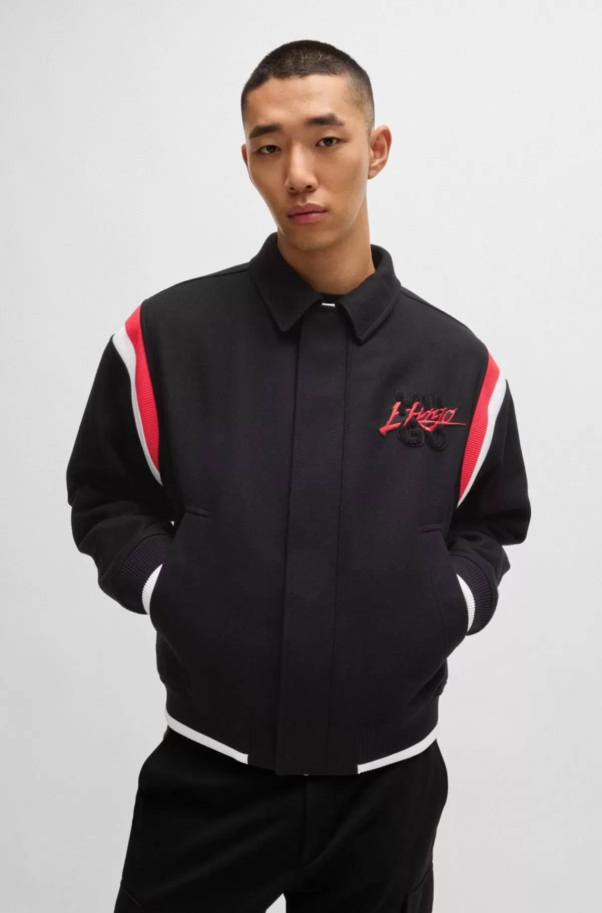 HUGO BOSS Jakke Med Slim Fit Af Uldblanding Og Med Dobbeltlogoer Sort Best Sale