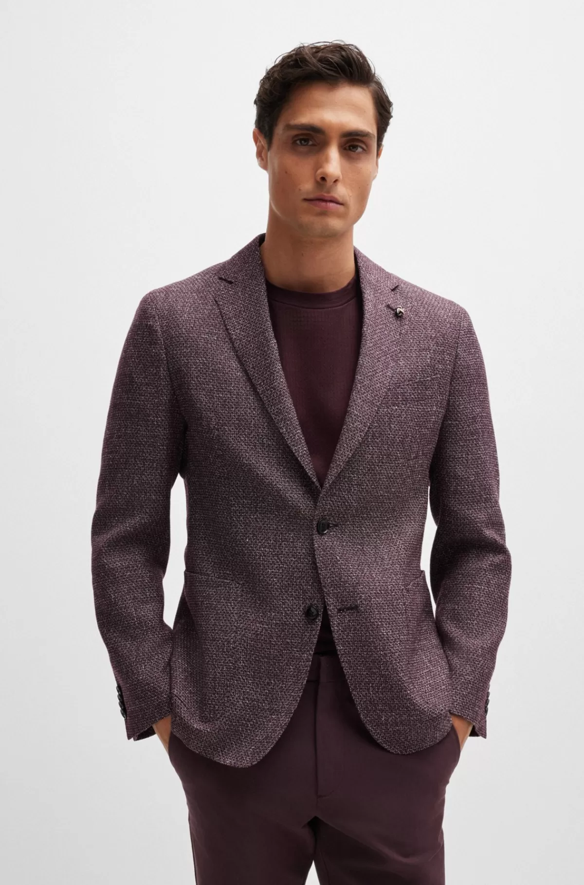 HUGO BOSS Jakke Med Slim Fit I Mønstret Ny Uld Og Hør Mørkerød Clearance