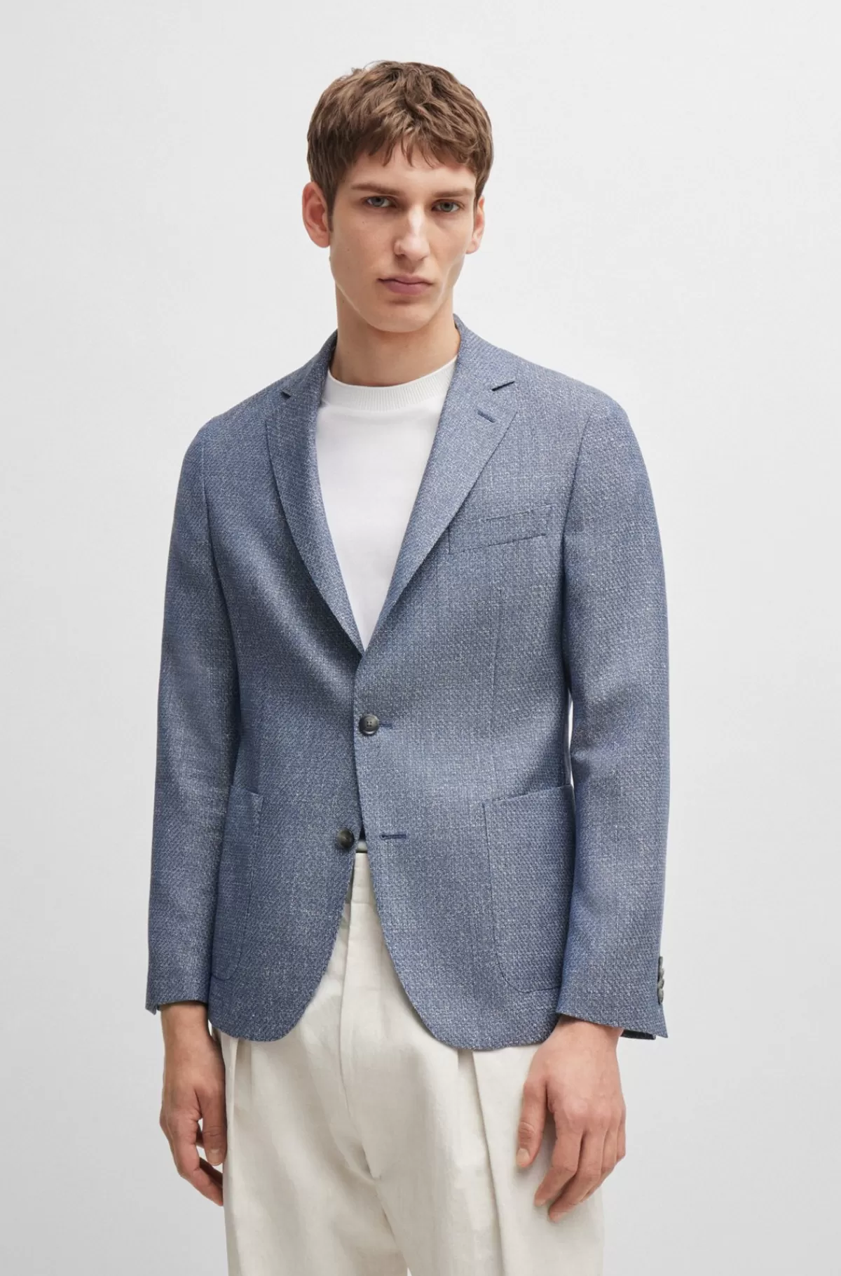 HUGO BOSS Jakke Med Slim Fit I Mønstret Ny Uld Og Hør Mørkeblå Sale