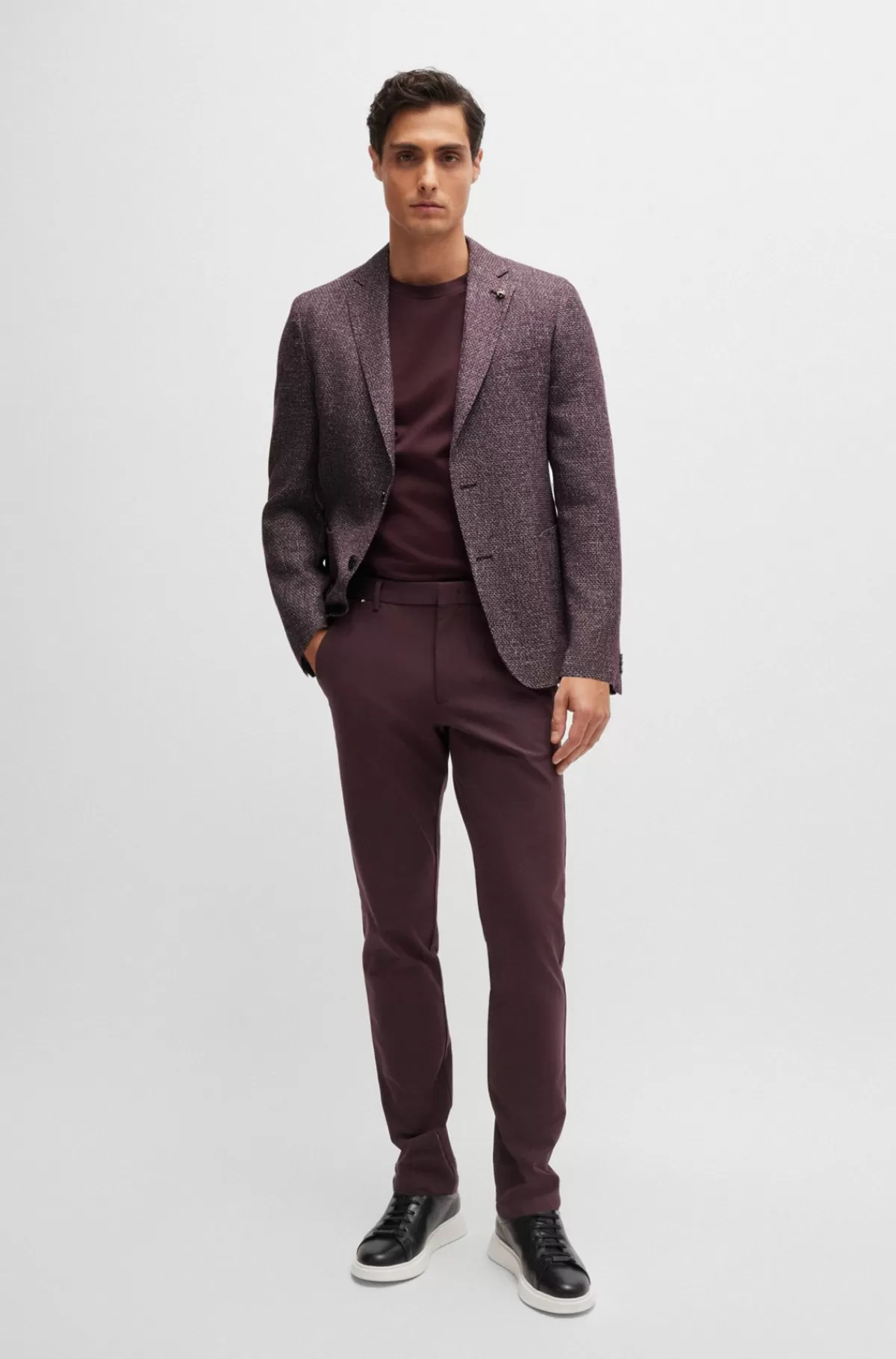 HUGO BOSS Jakke Med Slim Fit I Mønstret Ny Uld Og Hør Mørkerød Clearance