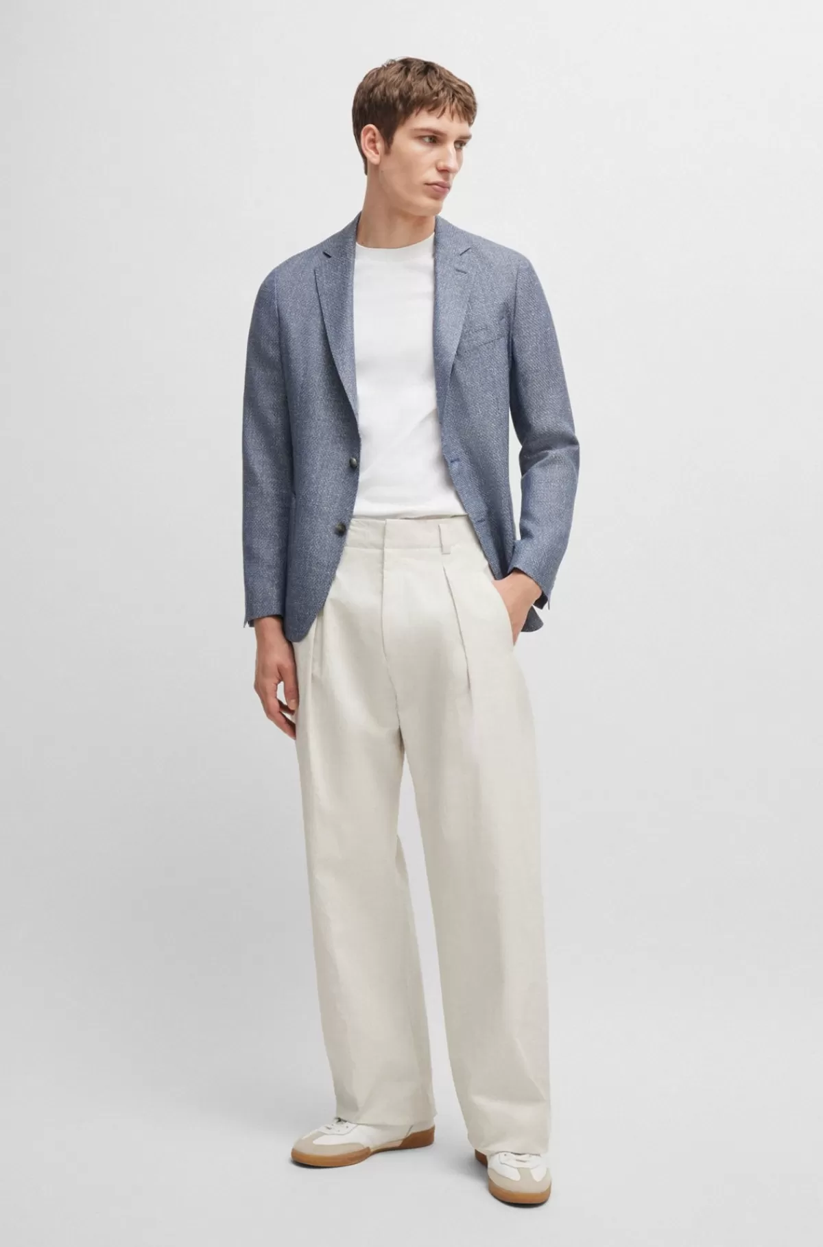 HUGO BOSS Jakke Med Slim Fit I Mønstret Ny Uld Og Hør Mørkeblå Sale
