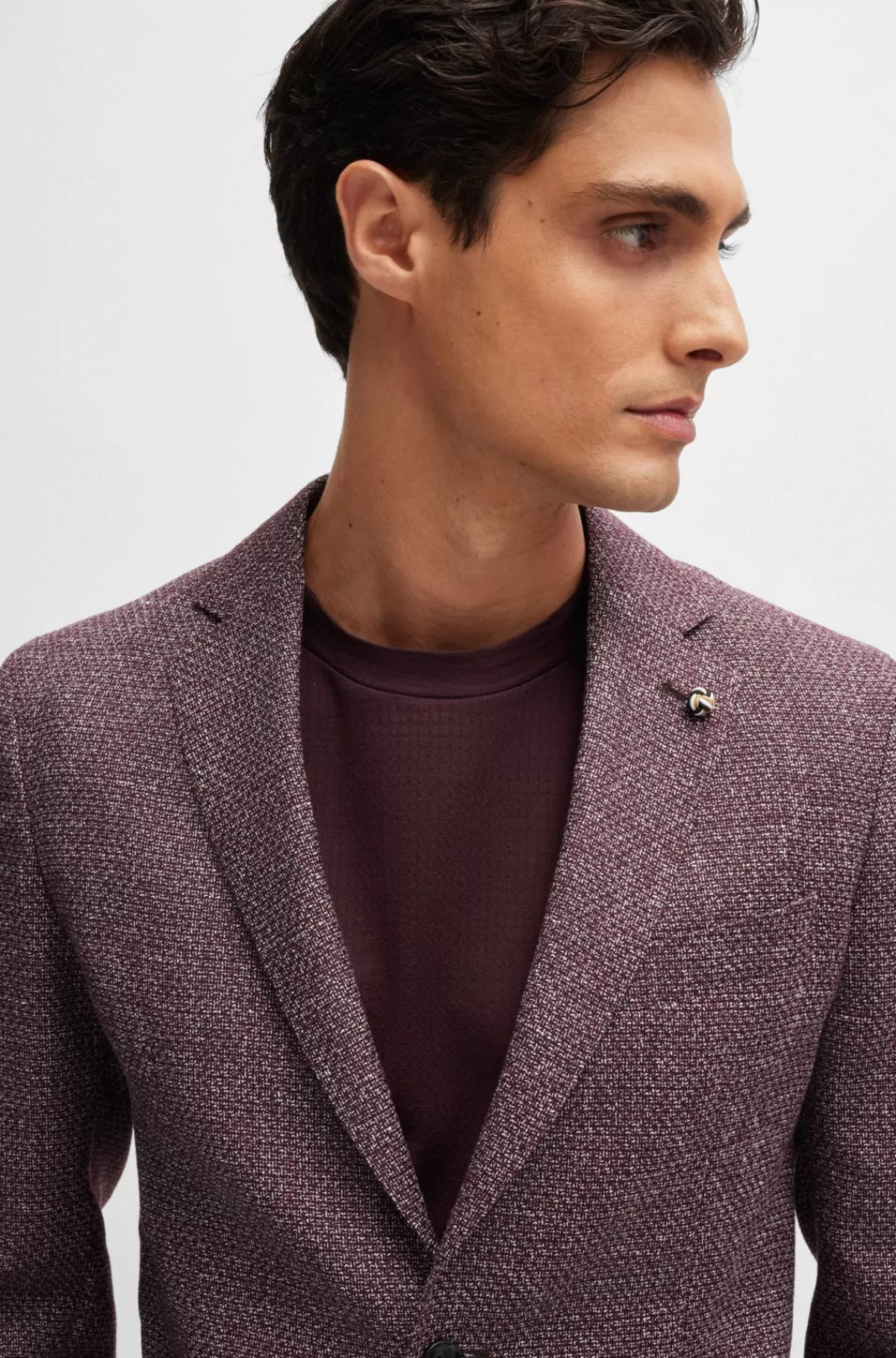 HUGO BOSS Jakke Med Slim Fit I Mønstret Ny Uld Og Hør Mørkerød Clearance