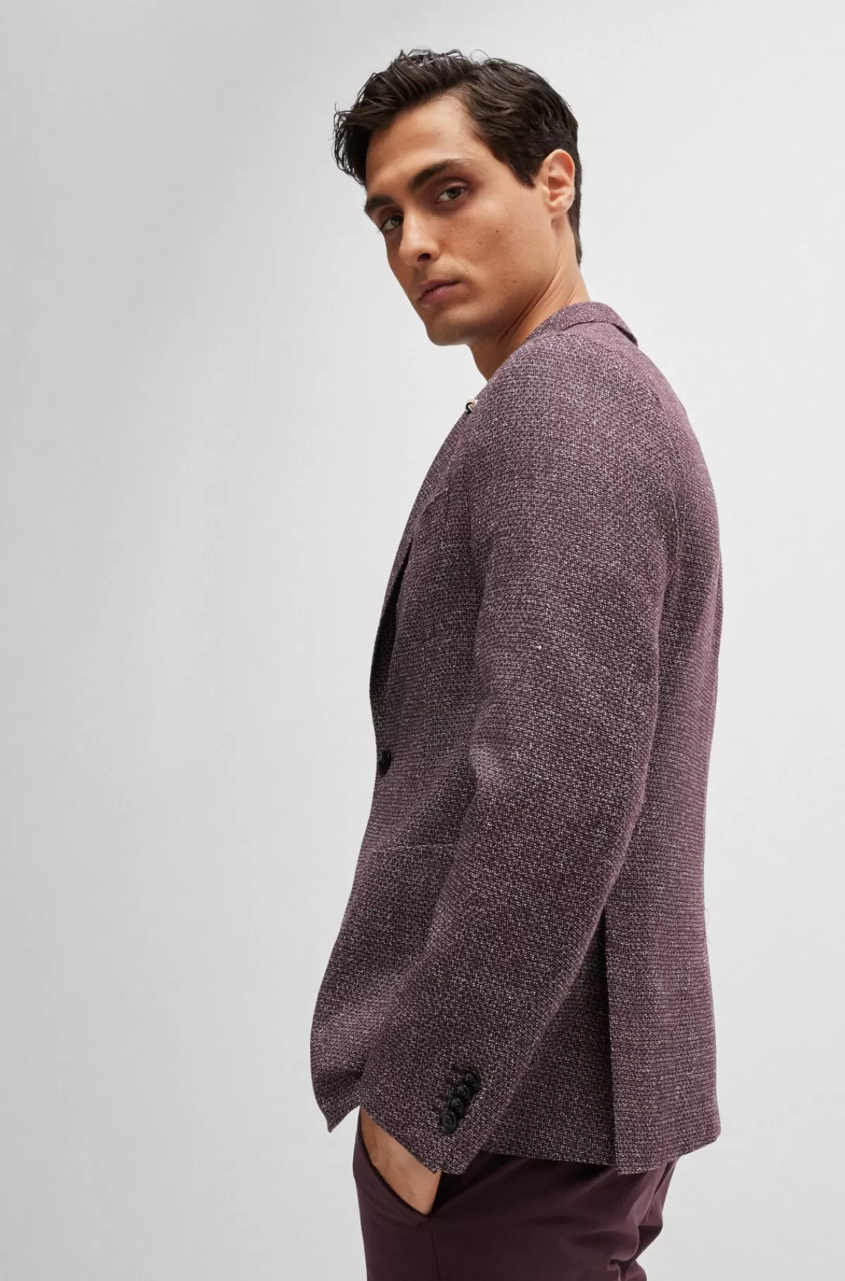 HUGO BOSS Jakke Med Slim Fit I Mønstret Ny Uld Og Hør Mørkerød Clearance