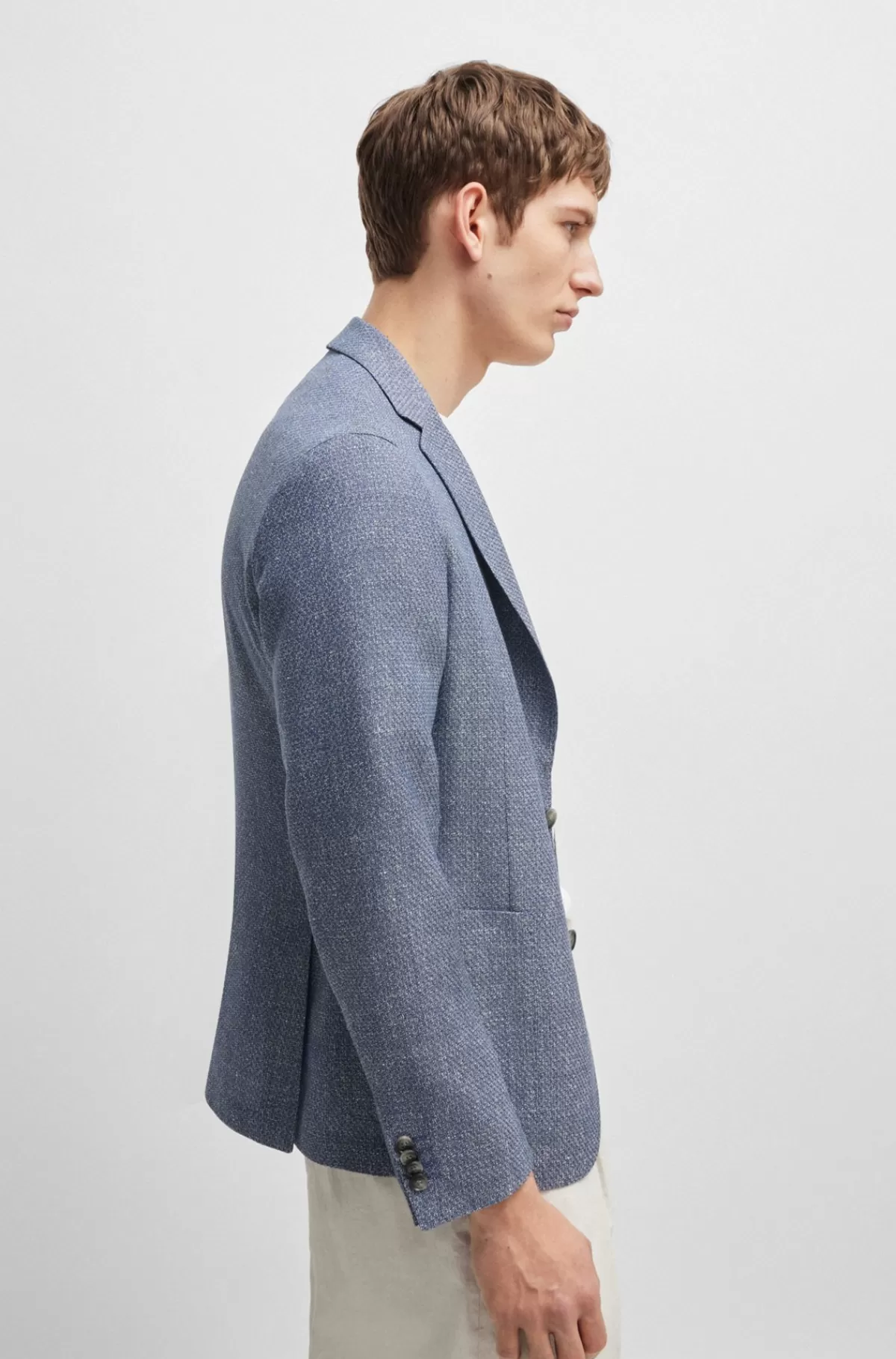 HUGO BOSS Jakke Med Slim Fit I Mønstret Ny Uld Og Hør Mørkeblå Sale