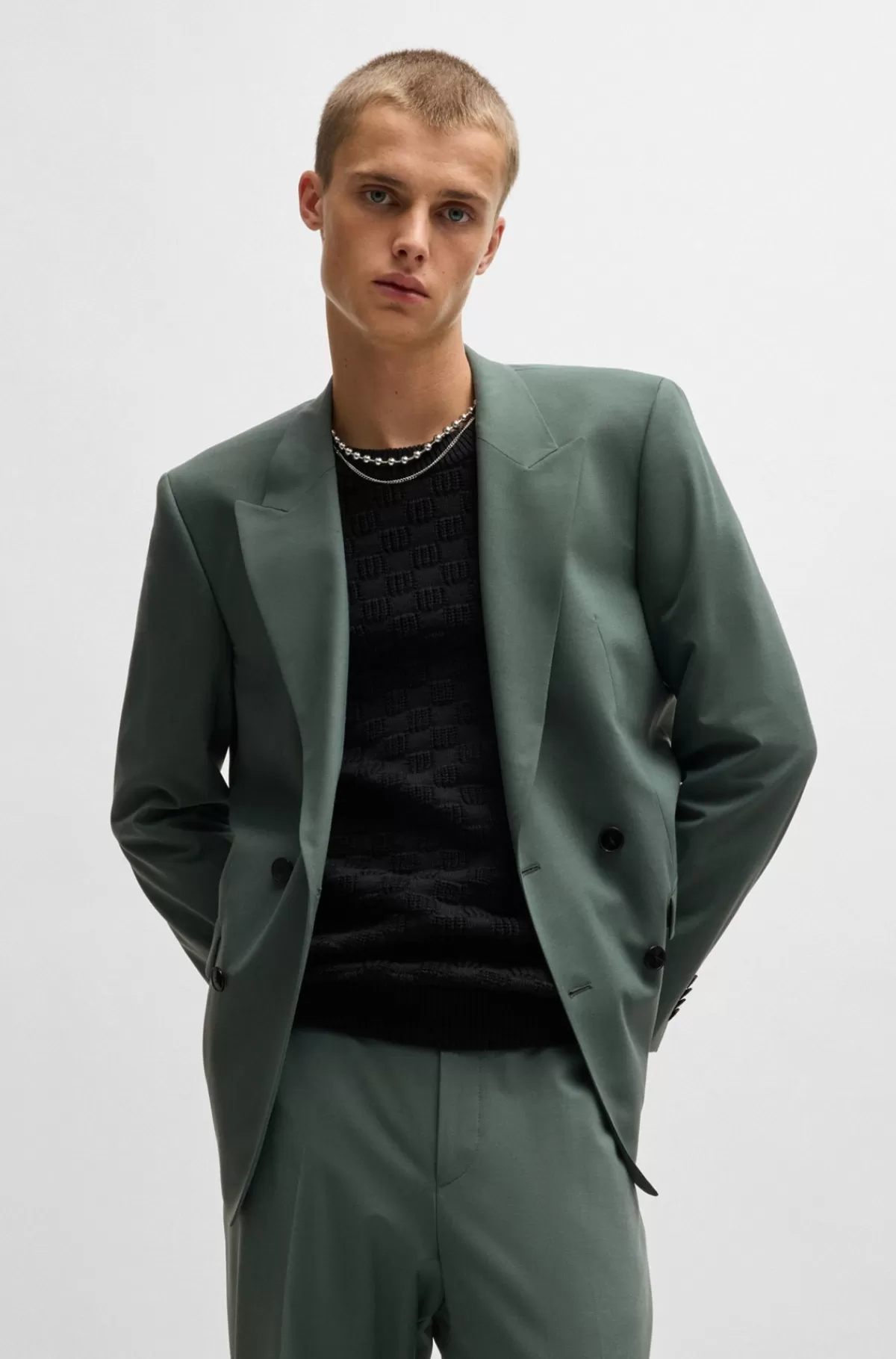 HUGO BOSS Jakke Med Slim Fit I Poplin Af Uldblanding Med Stræk Grøn Clearance