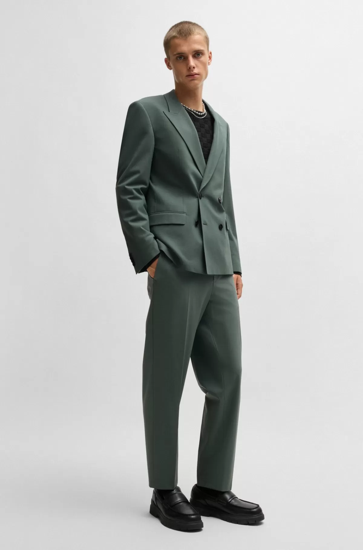 HUGO BOSS Jakke Med Slim Fit I Poplin Af Uldblanding Med Stræk Grøn Clearance