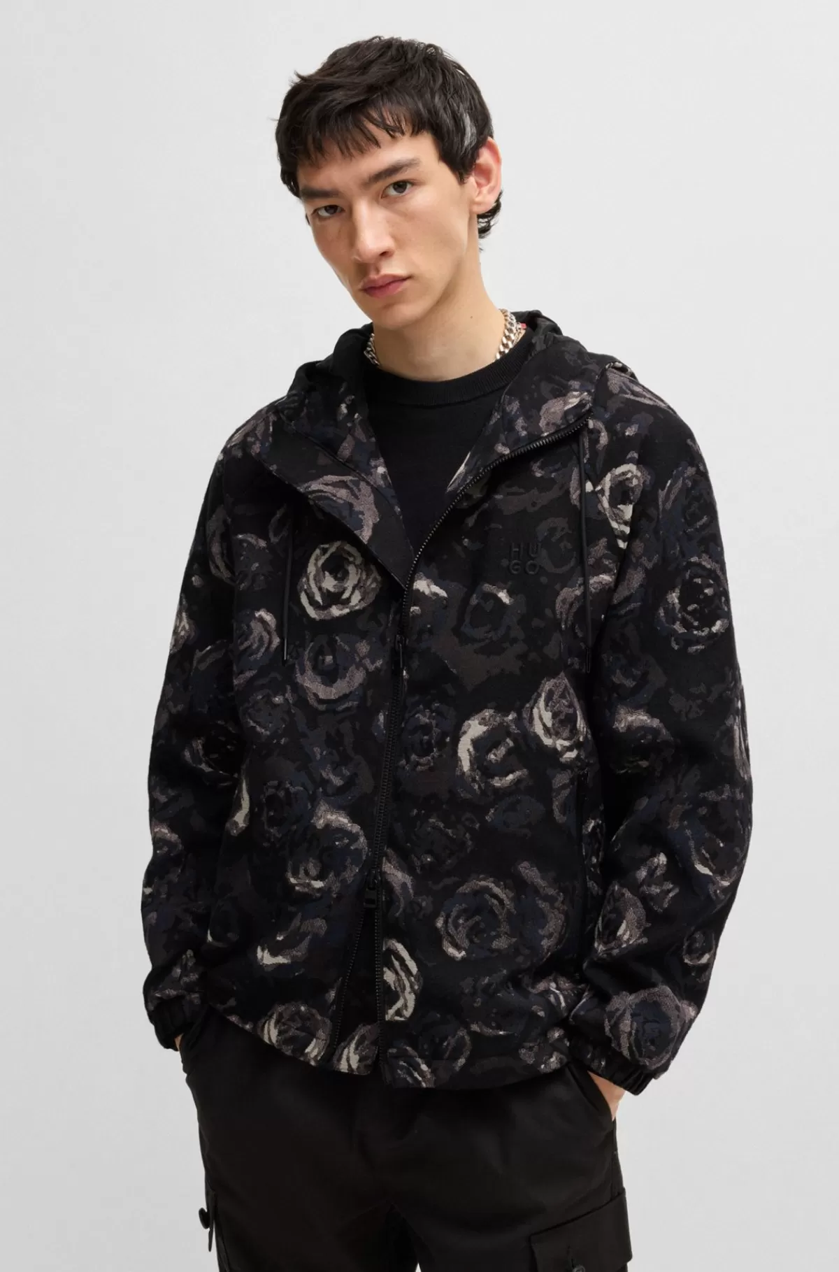 HUGO BOSS Jakke Med Slim Fit Med Hætte Og Gotisk Rosemønster I Jacquard Mønstret Flash Sale
