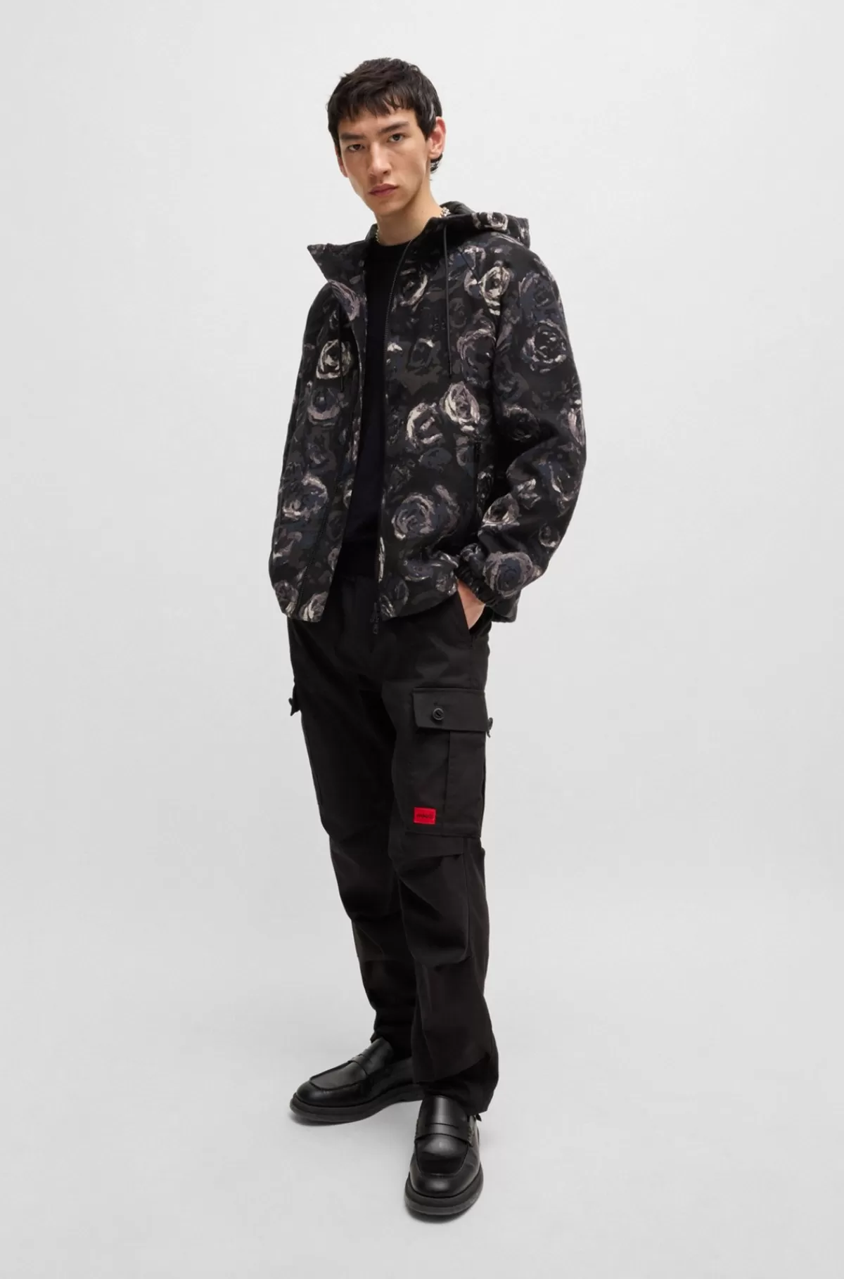 HUGO BOSS Jakke Med Slim Fit Med Hætte Og Gotisk Rosemønster I Jacquard Mønstret Flash Sale