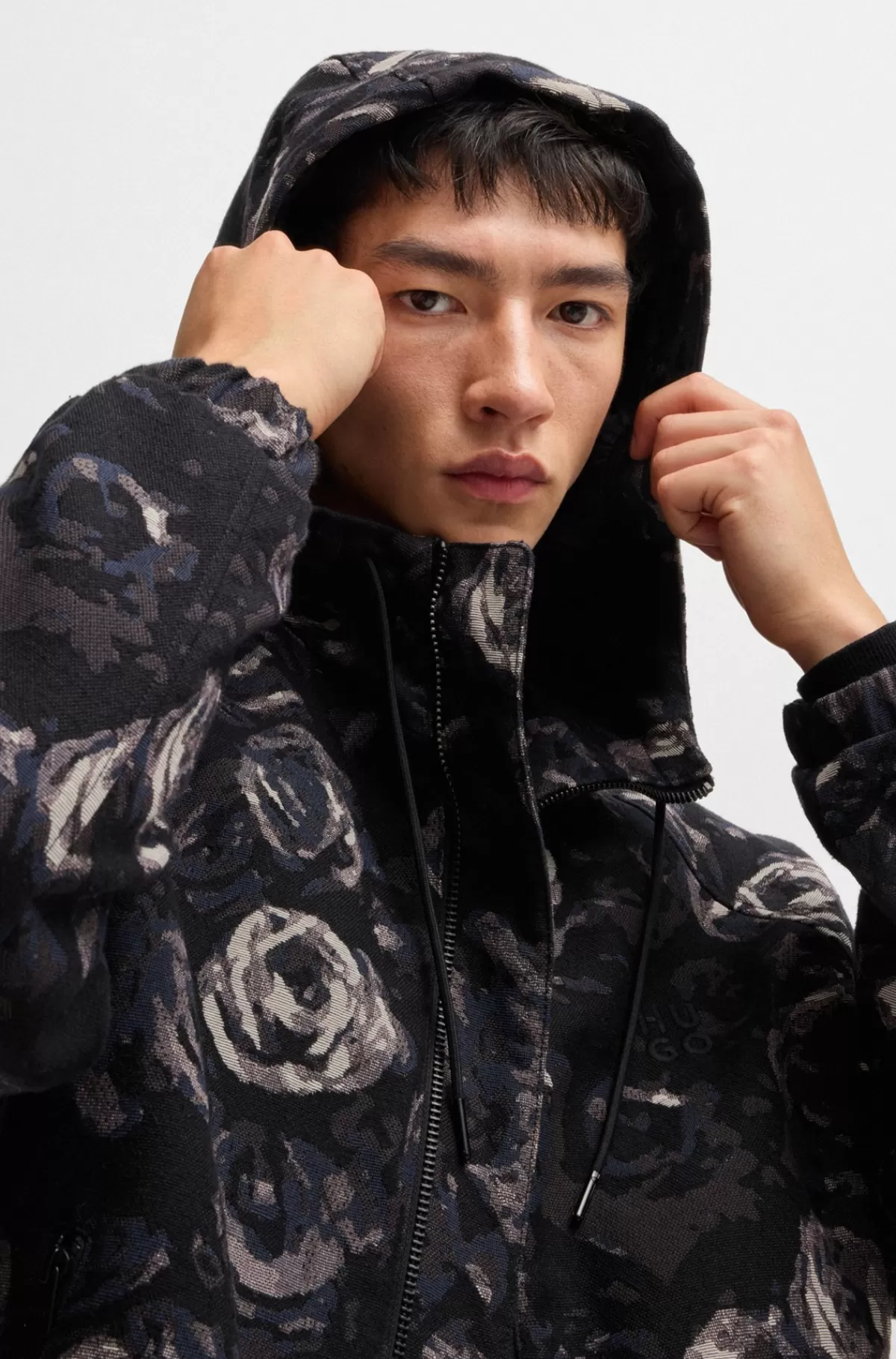 HUGO BOSS Jakke Med Slim Fit Med Hætte Og Gotisk Rosemønster I Jacquard Mønstret Flash Sale