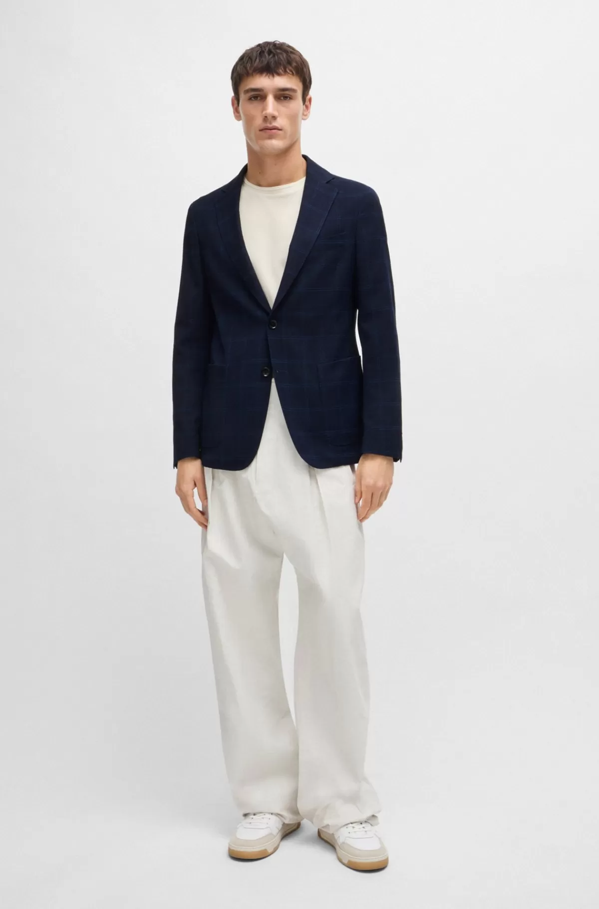 HUGO BOSS Jakke Med Slim-fit I Ternet Stof Med Stræk Mørkeblå Fashion