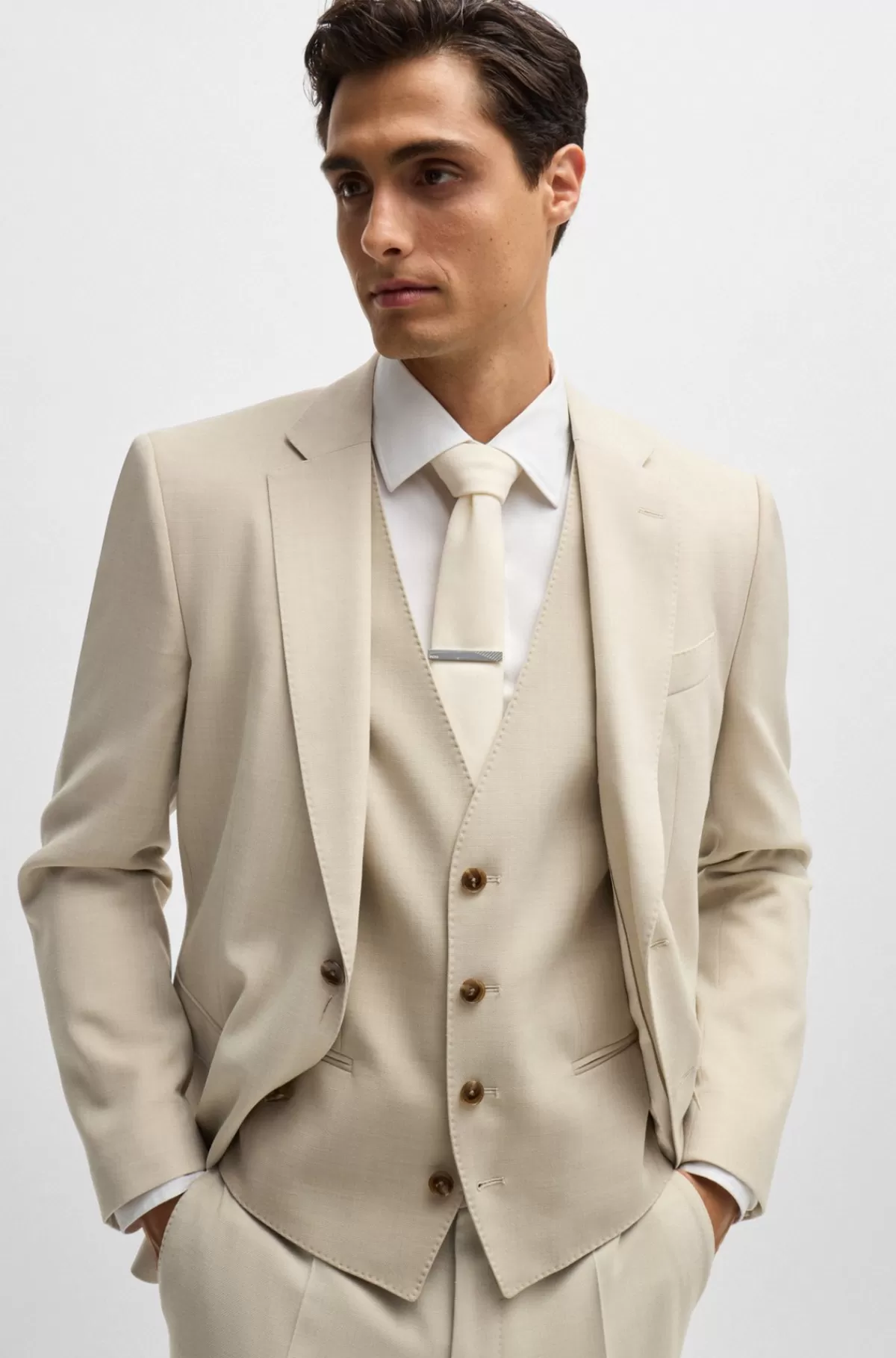 HUGO BOSS Jakkesæt I Tre Dele I Slim Fit Af Stof Med Mikromønster Lys beige Clearance