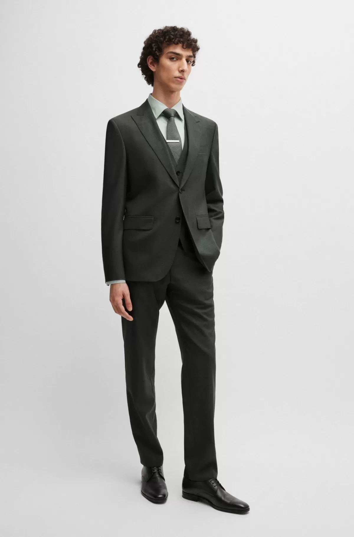 HUGO BOSS Jakkesæt I Tre Dele Med Regular Fit Af Meleret Ny Uld Lysegrøn Best