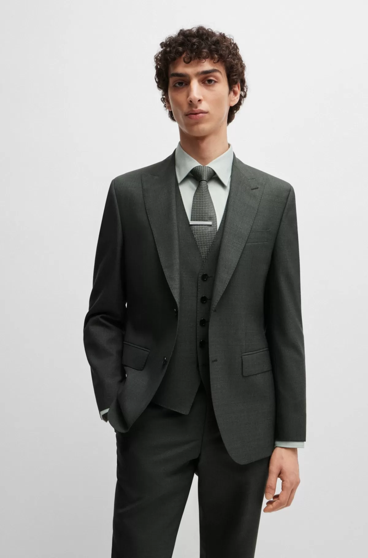 HUGO BOSS Jakkesæt I Tre Dele Med Regular Fit Af Meleret Ny Uld Lysegrøn Best