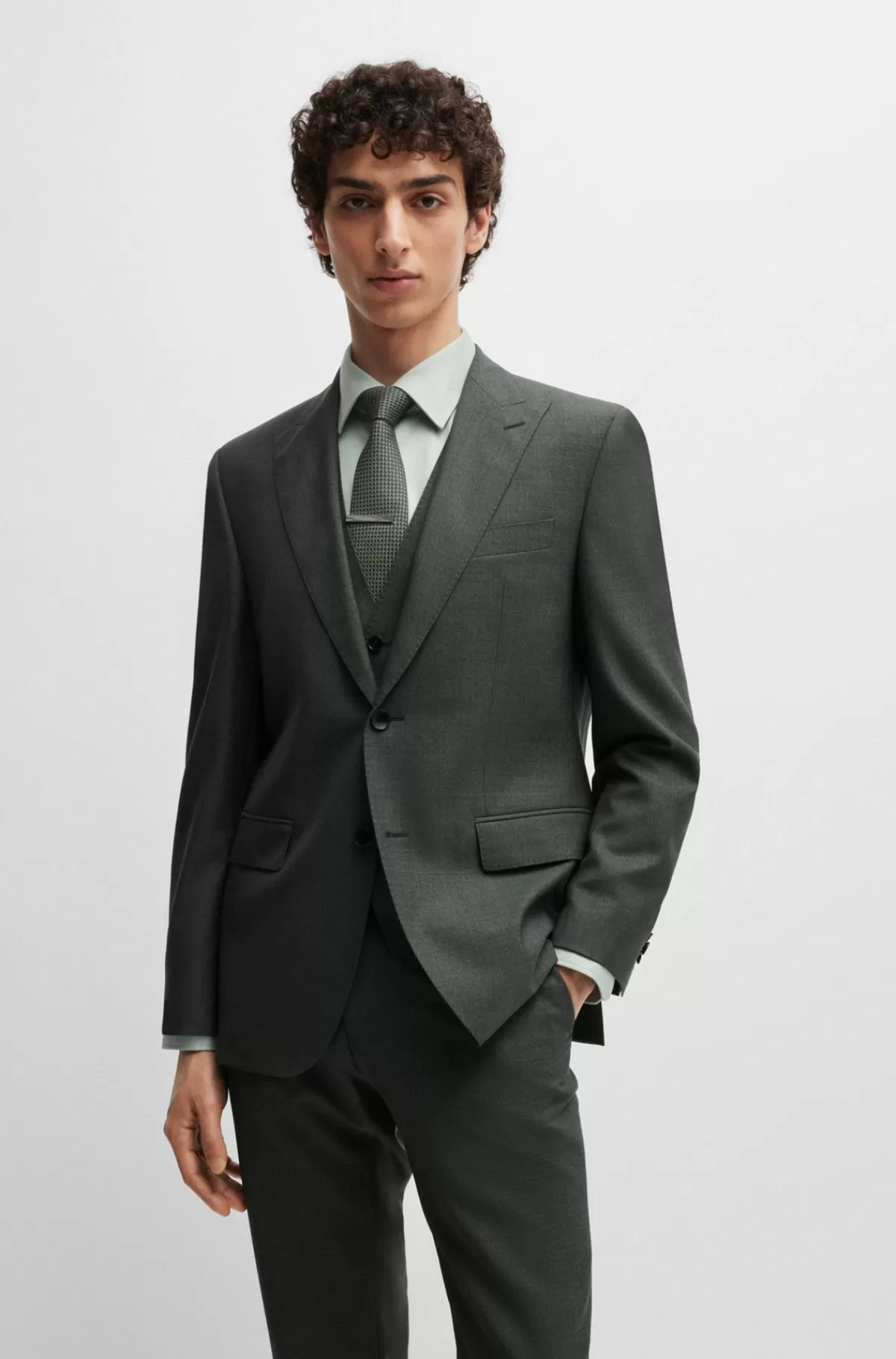 HUGO BOSS Jakkesæt I Tre Dele Med Regular Fit Af Meleret Ny Uld Lysegrøn Best