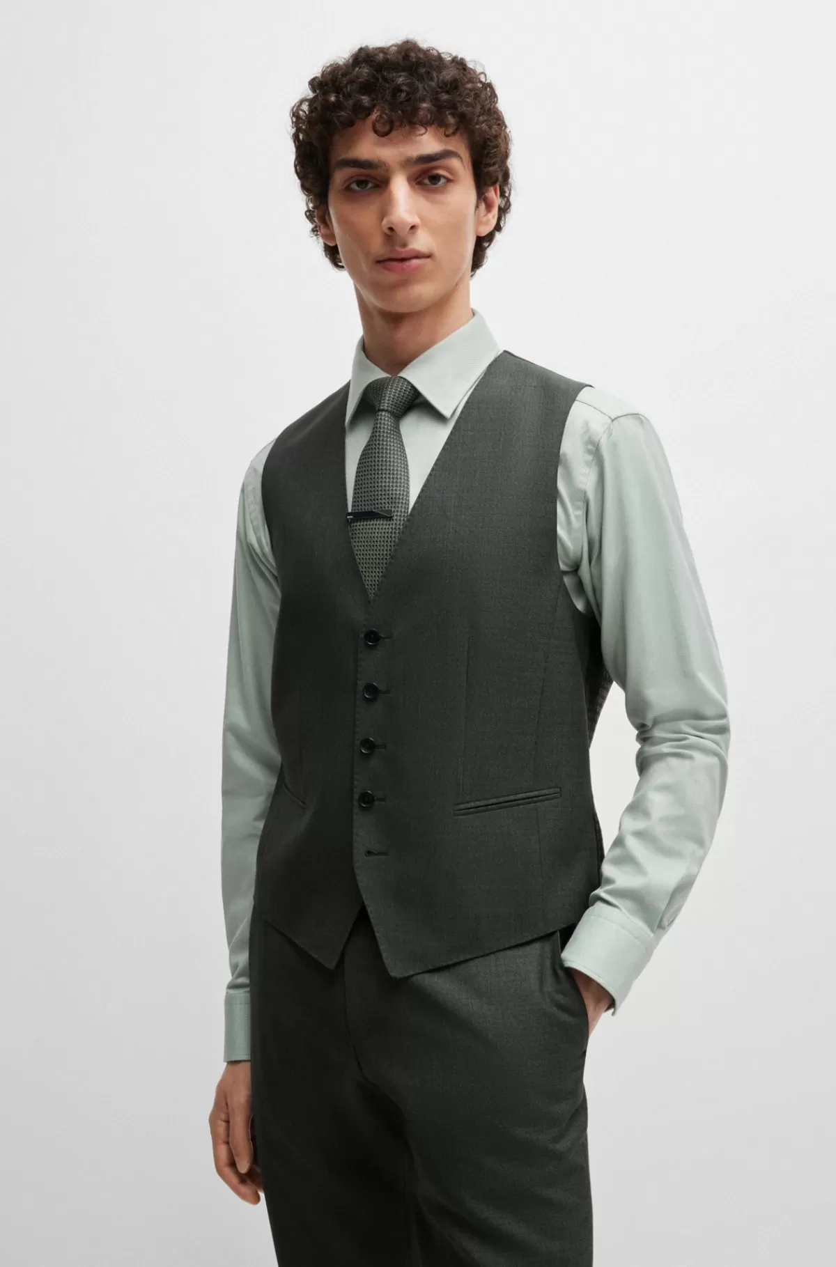 HUGO BOSS Jakkesæt I Tre Dele Med Regular Fit Af Meleret Ny Uld Lysegrøn Best