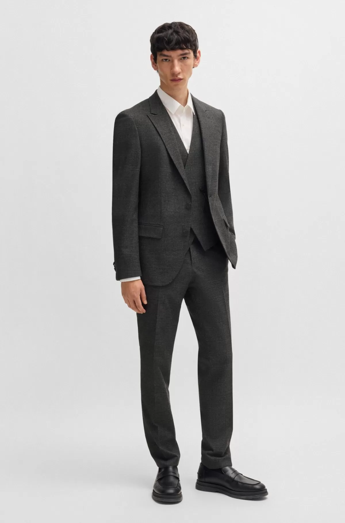HUGO BOSS Jakkesæt I Tre Dele Med Regular Fit I Ternet Flannel Grå New