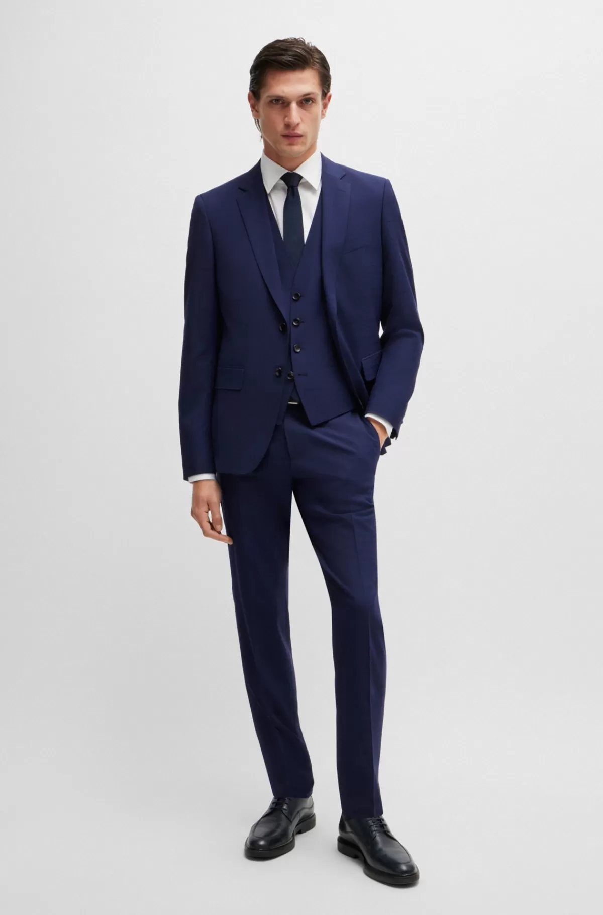 HUGO BOSS Jakkesæt I Tre Dele Med Slim Fit I Diskret Ternet Stof Med Stræk Mørkeblå Shop