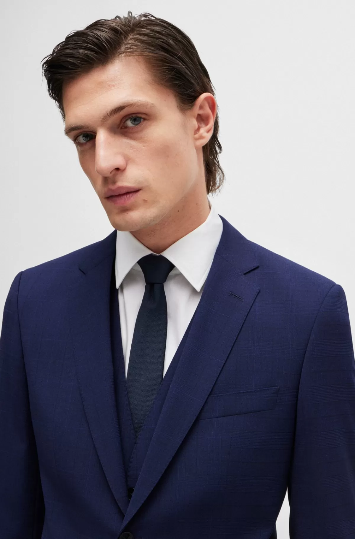 HUGO BOSS Jakkesæt I Tre Dele Med Slim Fit I Diskret Ternet Stof Med Stræk Mørkeblå Shop