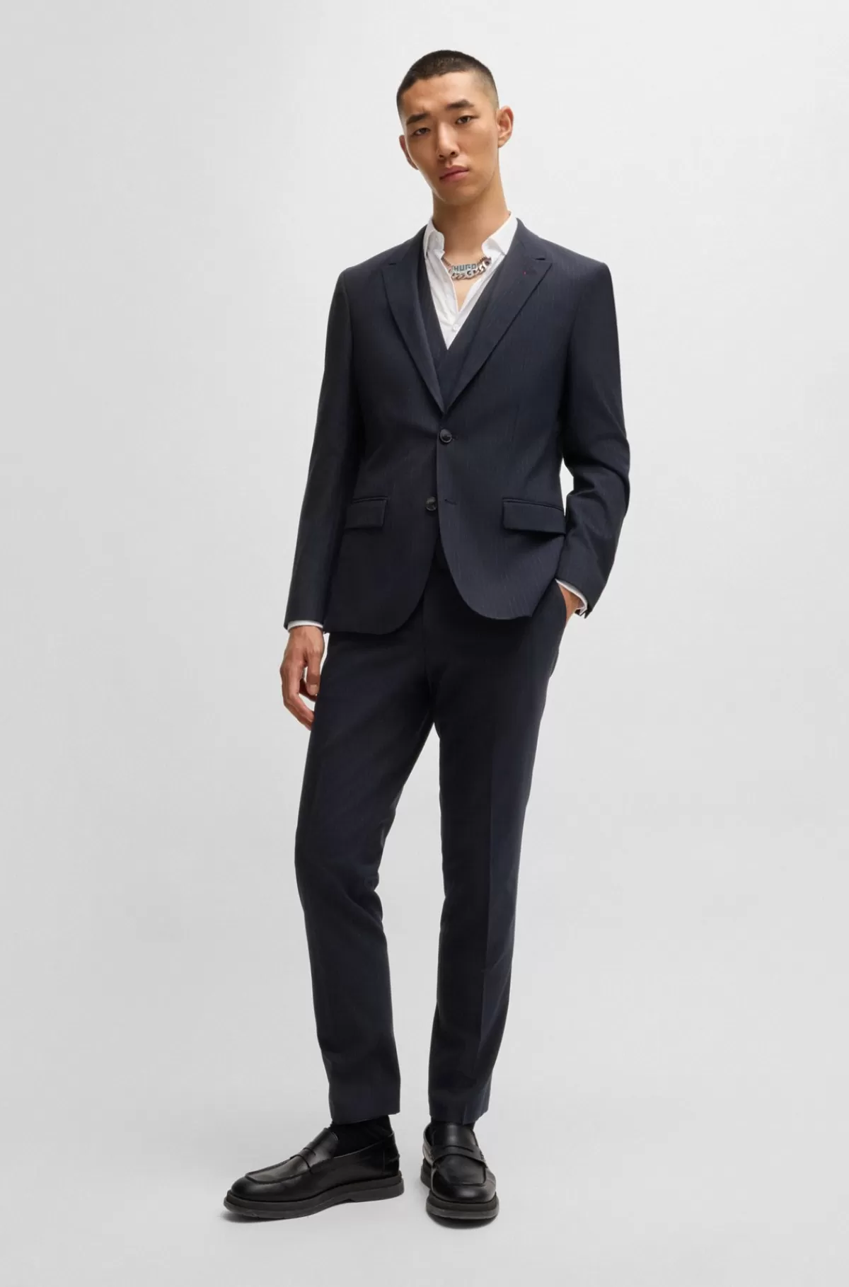 HUGO BOSS Jakkesæt I Tre Dele Med Slim Fit I Stof Med Performance-stræk Mørkeblå Hot
