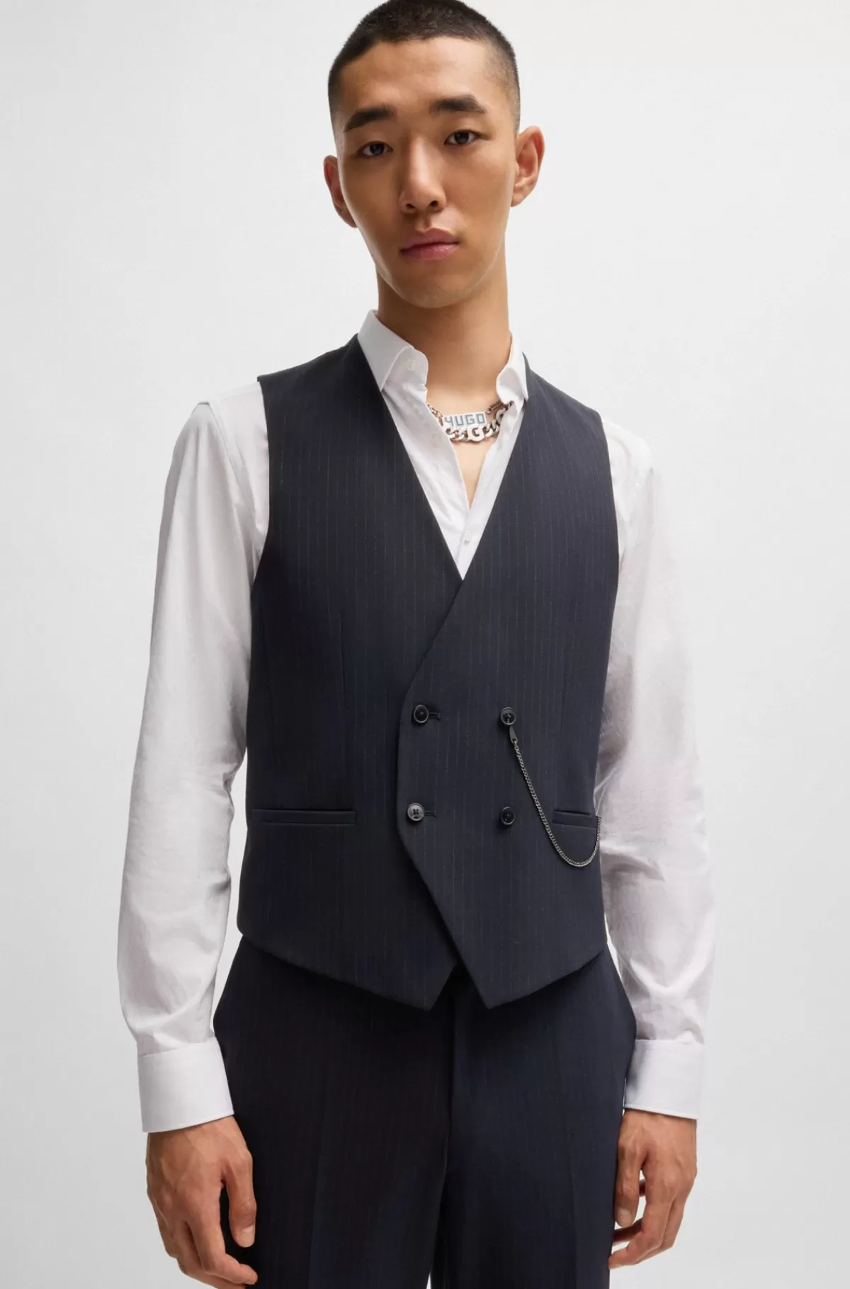 HUGO BOSS Jakkesæt I Tre Dele Med Slim Fit I Stof Med Performance-stræk Mørkeblå Hot