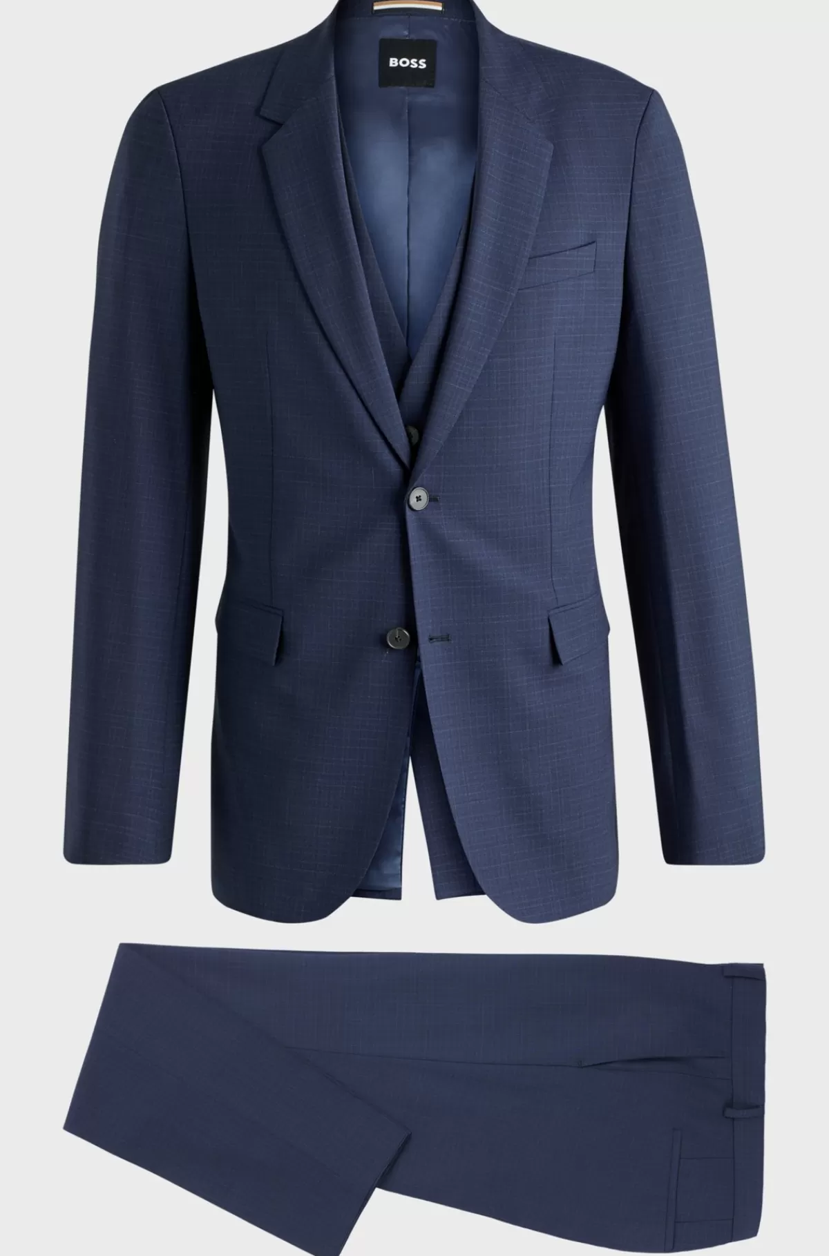 HUGO BOSS Jakkesæt I Tre Dele Med Slim Fit I Ternet Stof Med Stræk Mørkeblå Discount