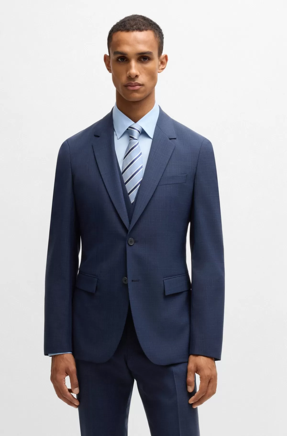 HUGO BOSS Jakkesæt I Tre Dele Med Slim Fit I Ternet Stof Med Stræk Mørkeblå Discount