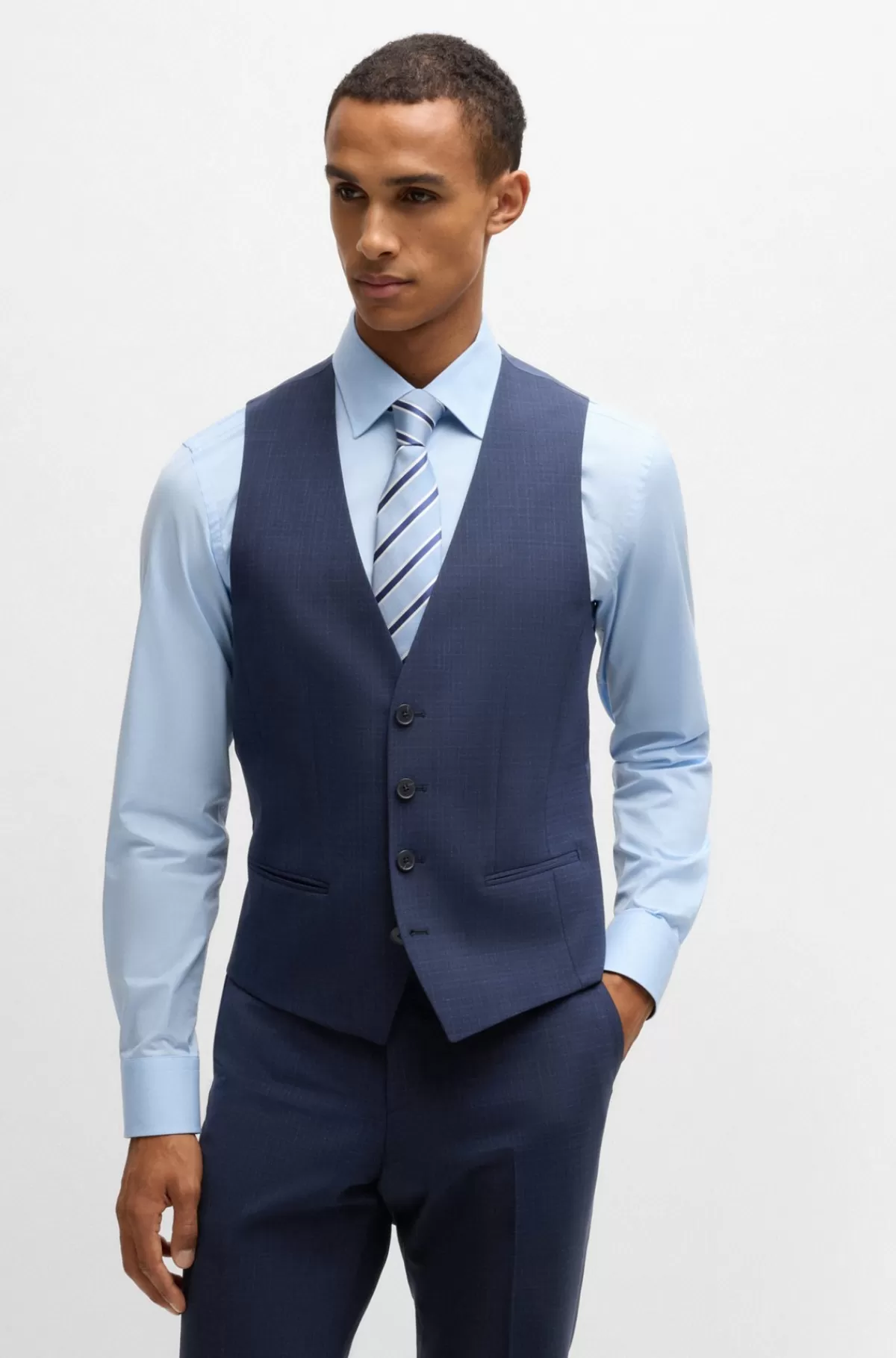 HUGO BOSS Jakkesæt I Tre Dele Med Slim Fit I Ternet Stof Med Stræk Mørkeblå Discount