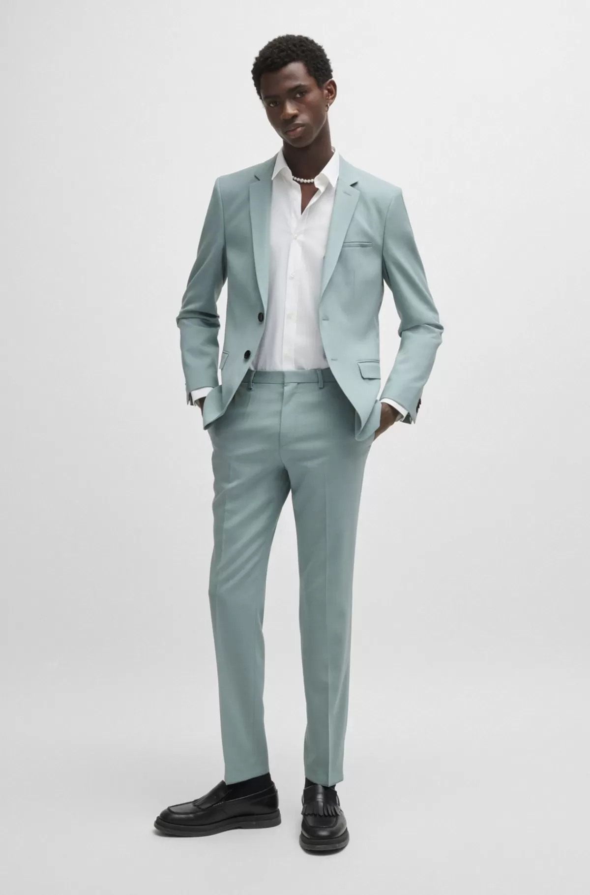 HUGO BOSS Jakkesæt Med Extra Slim Fit I Mønstret Stof Med Stræk Lyseblå Outlet