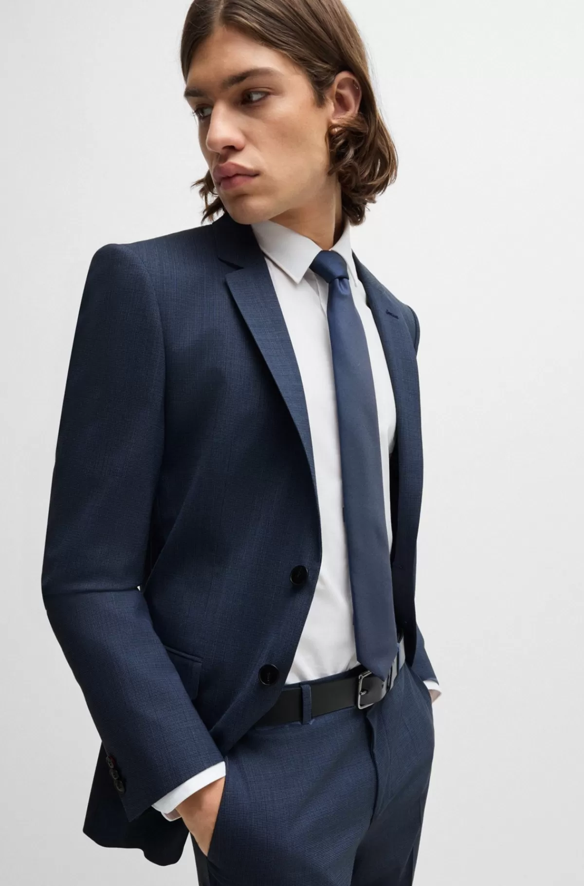 HUGO BOSS Jakkesæt Med Extra Slim Fit I Performance-stof Med Stræk Og Hanefjedsmønster Mørkeblå Store