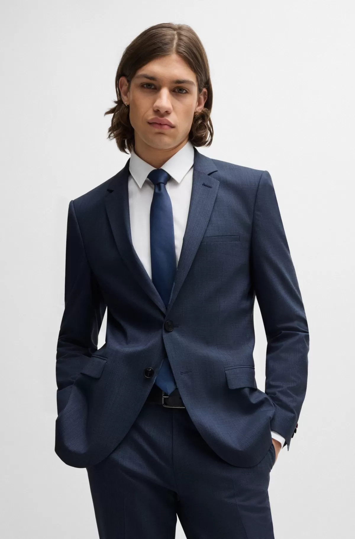 HUGO BOSS Jakkesæt Med Extra Slim Fit I Performance-stof Med Stræk Og Hanefjedsmønster Mørkeblå Store