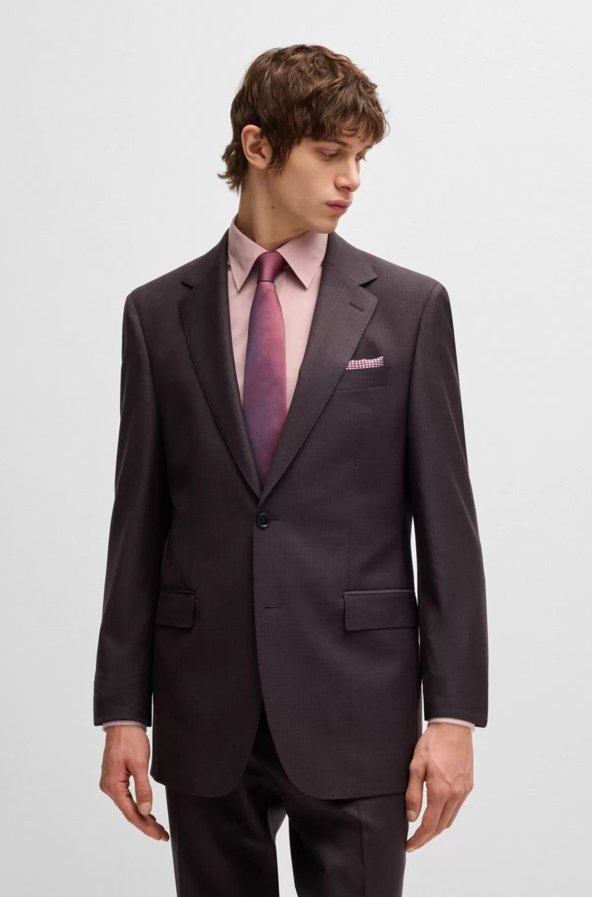 HUGO BOSS Jakkesæt Med Regular Fit I Ny Uld Med Stræk Og Mikromønster Mørklilla Fashion