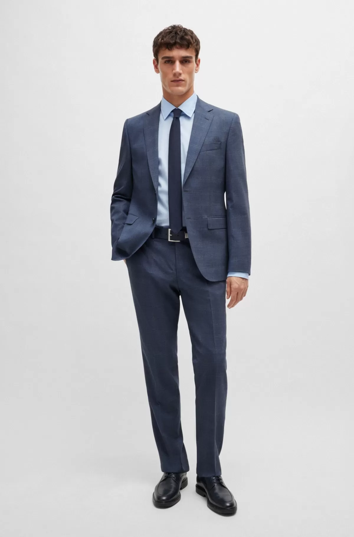 HUGO BOSS Jakkesæt Med Regular Fit I Ternet Ny Uld Med Stræk Mørkeblå Discount