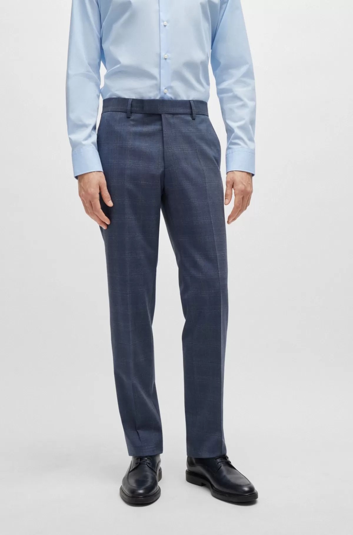 HUGO BOSS Jakkesæt Med Regular Fit I Ternet Ny Uld Med Stræk Mørkeblå Discount