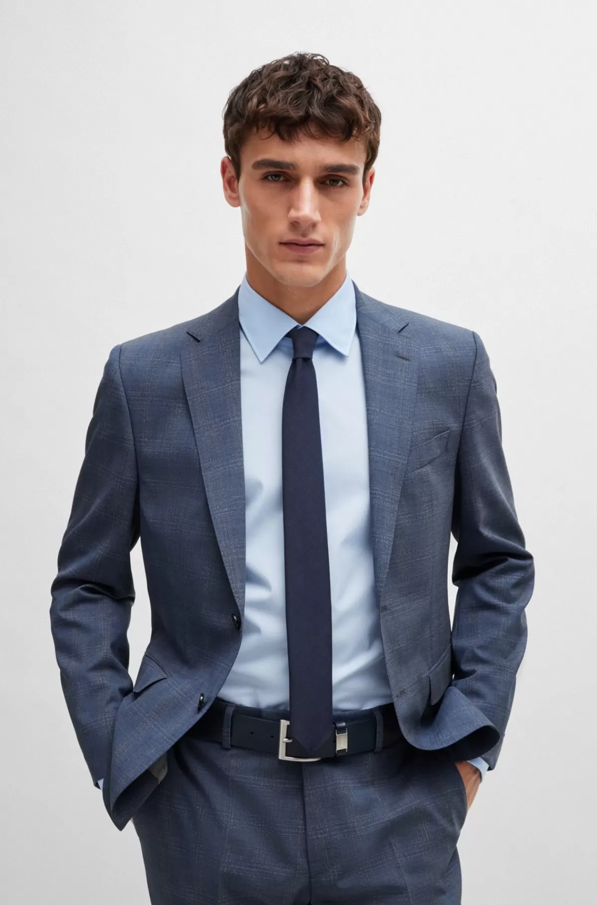 HUGO BOSS Jakkesæt Med Regular Fit I Ternet Ny Uld Med Stræk Mørkeblå Discount