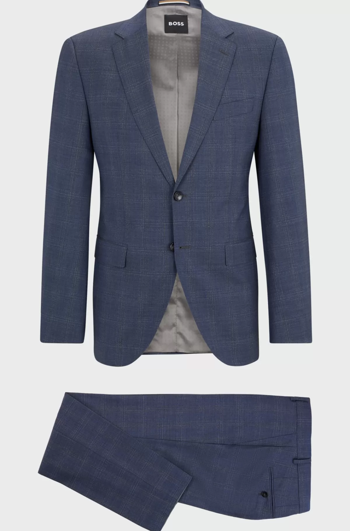 HUGO BOSS Jakkesæt Med Regular Fit I Ternet Ny Uld Med Stræk Mørkeblå Discount