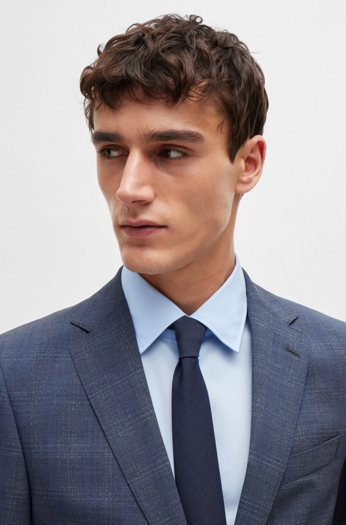 HUGO BOSS Jakkesæt Med Regular Fit I Ternet Ny Uld Med Stræk Mørkeblå Discount