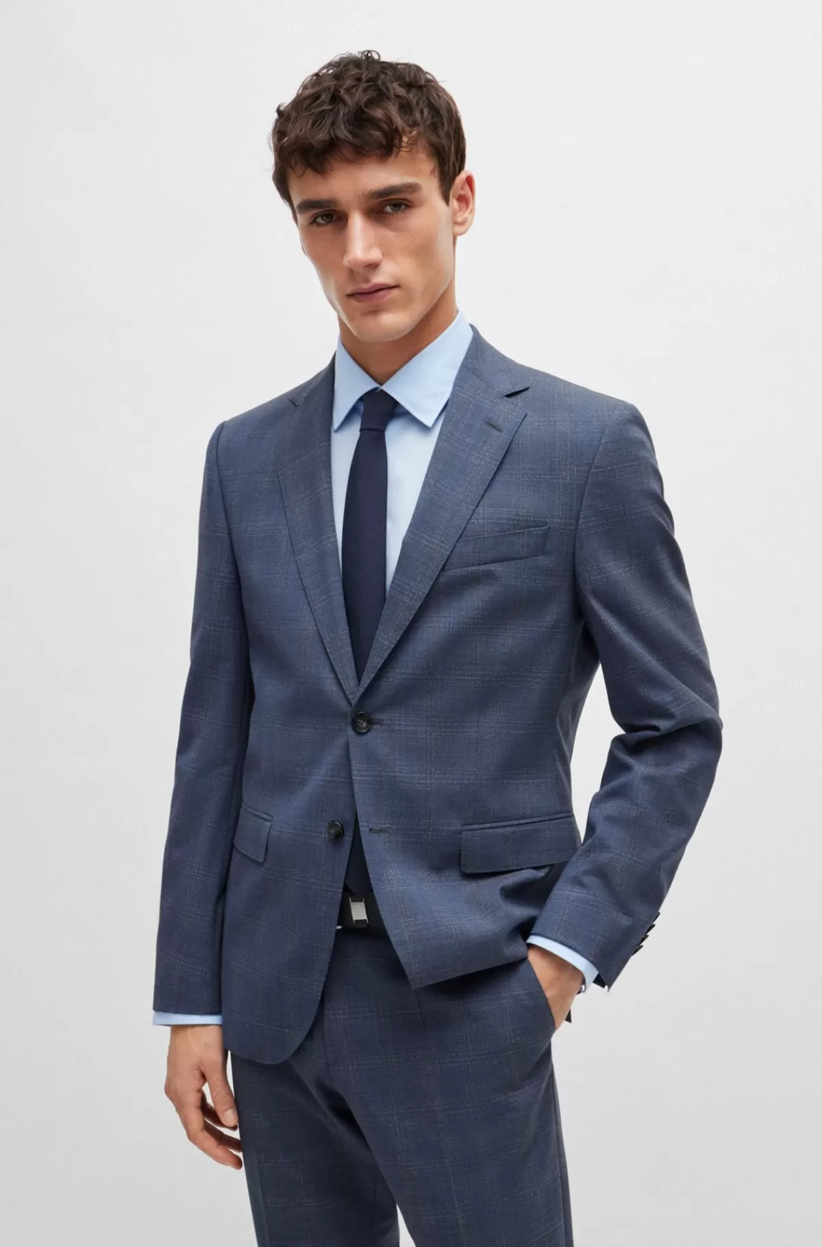 HUGO BOSS Jakkesæt Med Regular Fit I Ternet Ny Uld Med Stræk Mørkeblå Discount