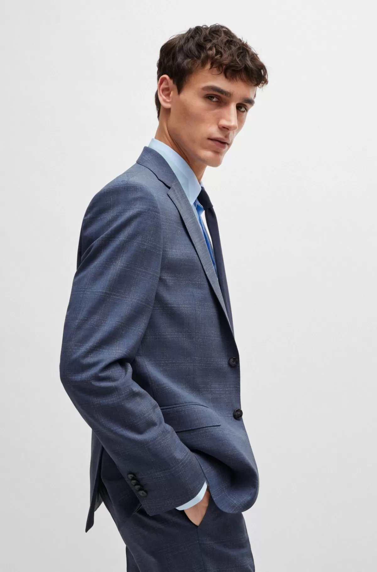 HUGO BOSS Jakkesæt Med Regular Fit I Ternet Ny Uld Med Stræk Mørkeblå Discount