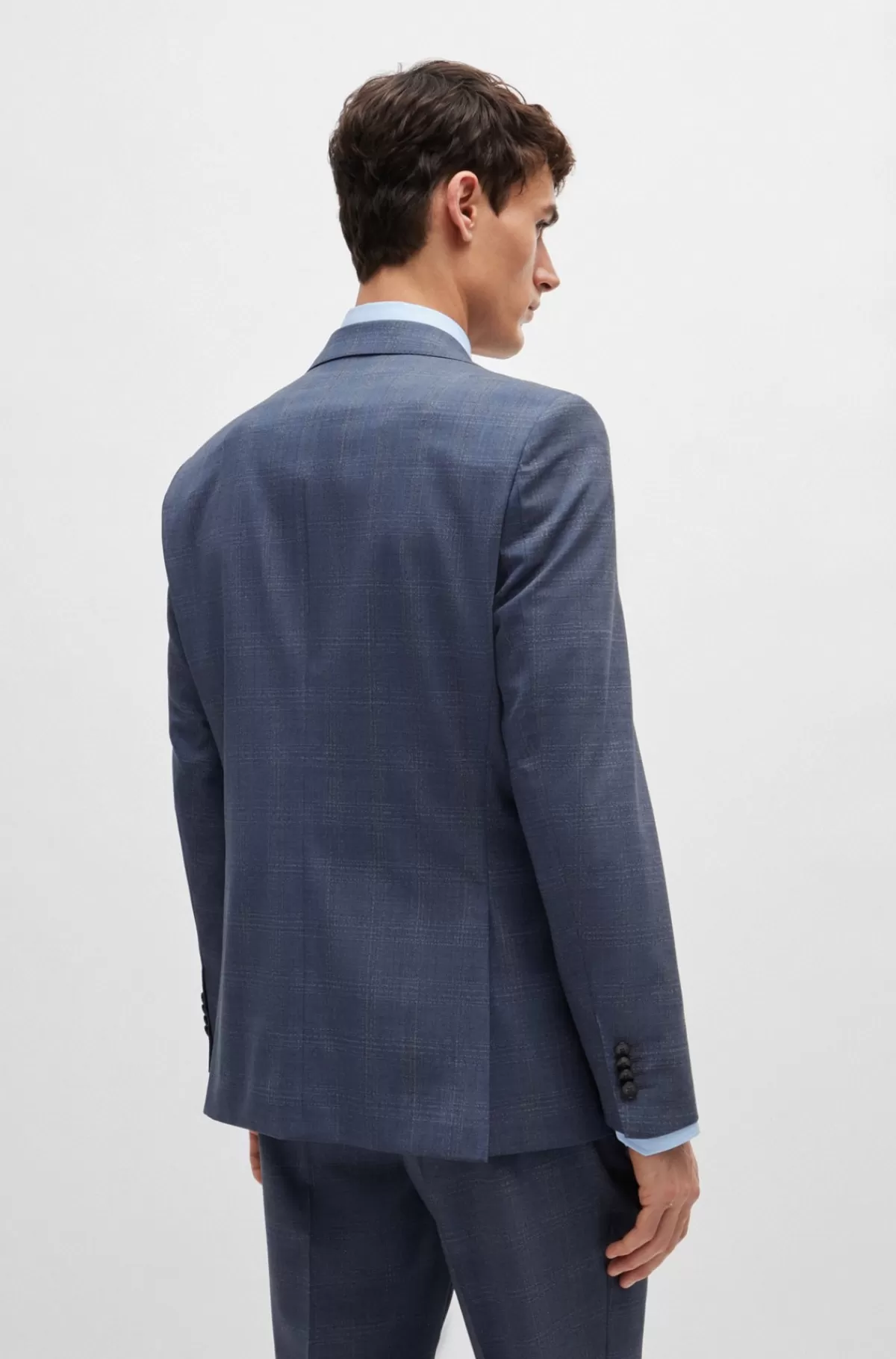 HUGO BOSS Jakkesæt Med Regular Fit I Ternet Ny Uld Med Stræk Mørkeblå Discount