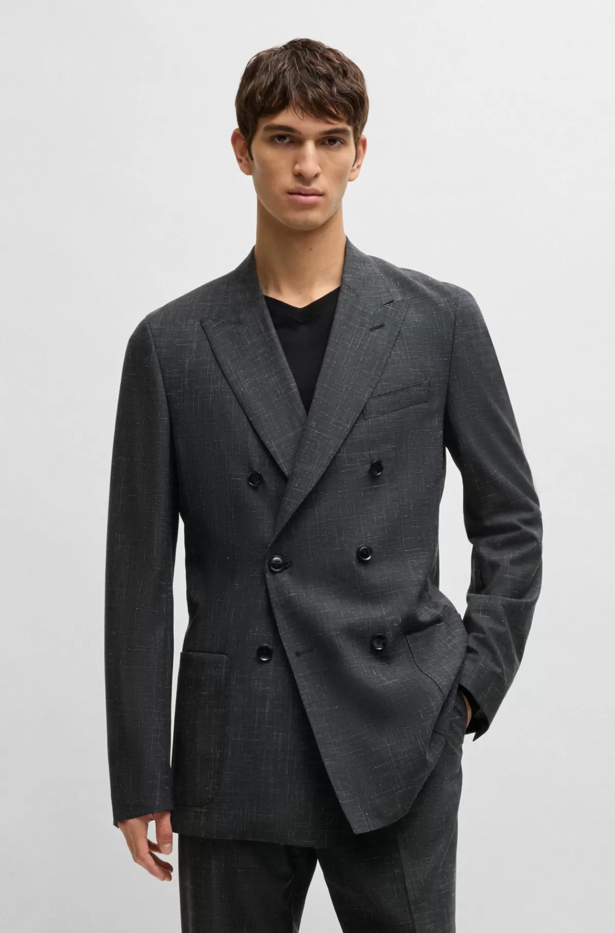 HUGO BOSS Jakkesæt Med Slim Fit I Mønstret Uld, Hør Og Stræk Grå Best