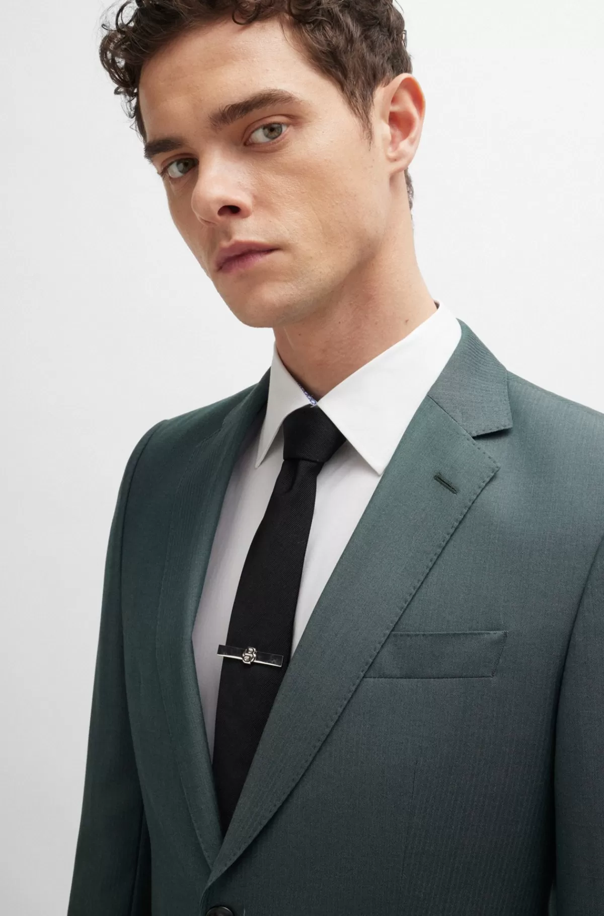 HUGO BOSS Jakkesæt Med Slim Fit I Ny Uld Med Sildebensmønster Mørkegrøn Flash Sale