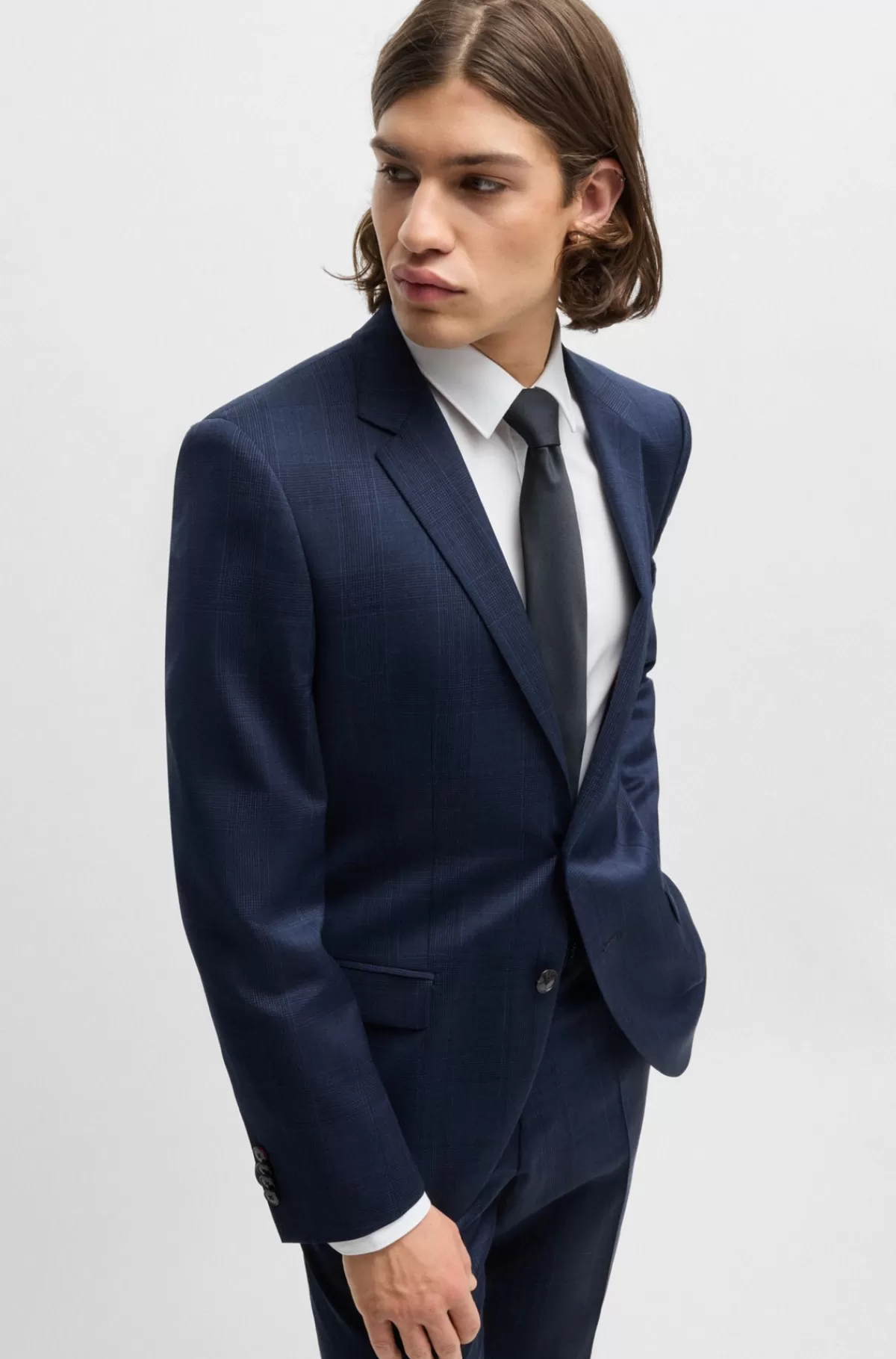 HUGO BOSS Jakkesæt Med Slim Fit I Ternet Ny Uld Med Stræk Blå mønstret Store