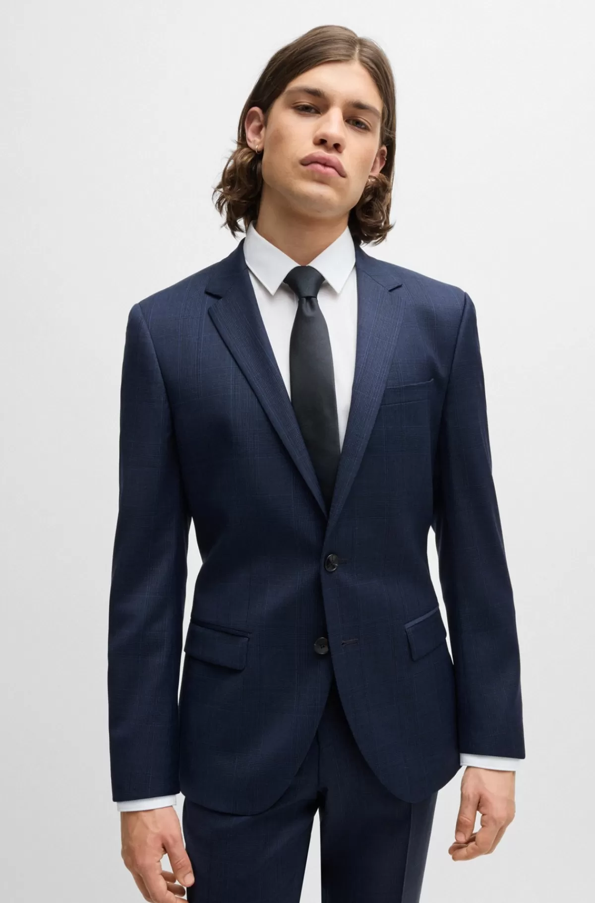 HUGO BOSS Jakkesæt Med Slim Fit I Ternet Ny Uld Med Stræk Blå mønstret Store